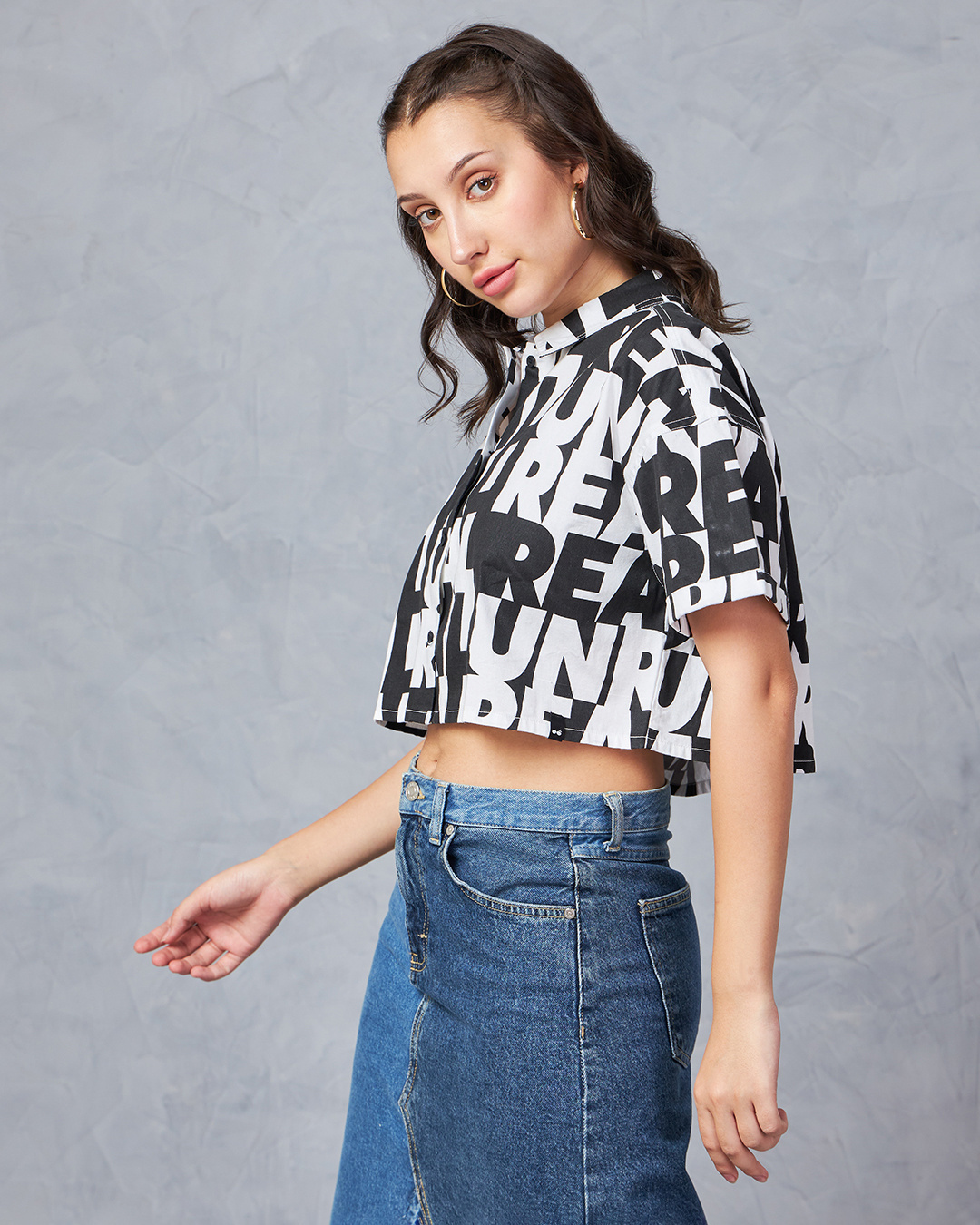 Shop Women's White & Black All Over Printed Oversized Cropped Shirt-Back