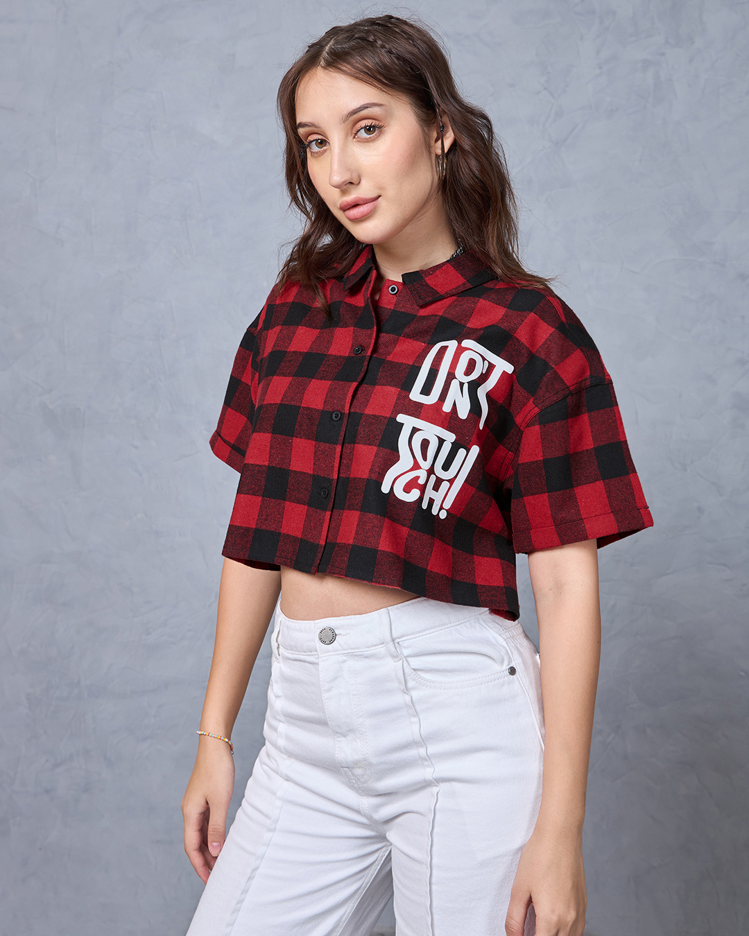 Shop Women's Red & Black Mickey Checked Oversized Crop Shirt-Back