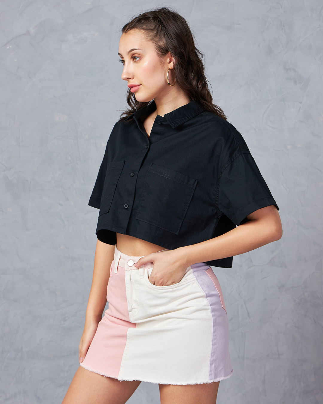Shop Women's Black Oversized Cropped Shirt-Back