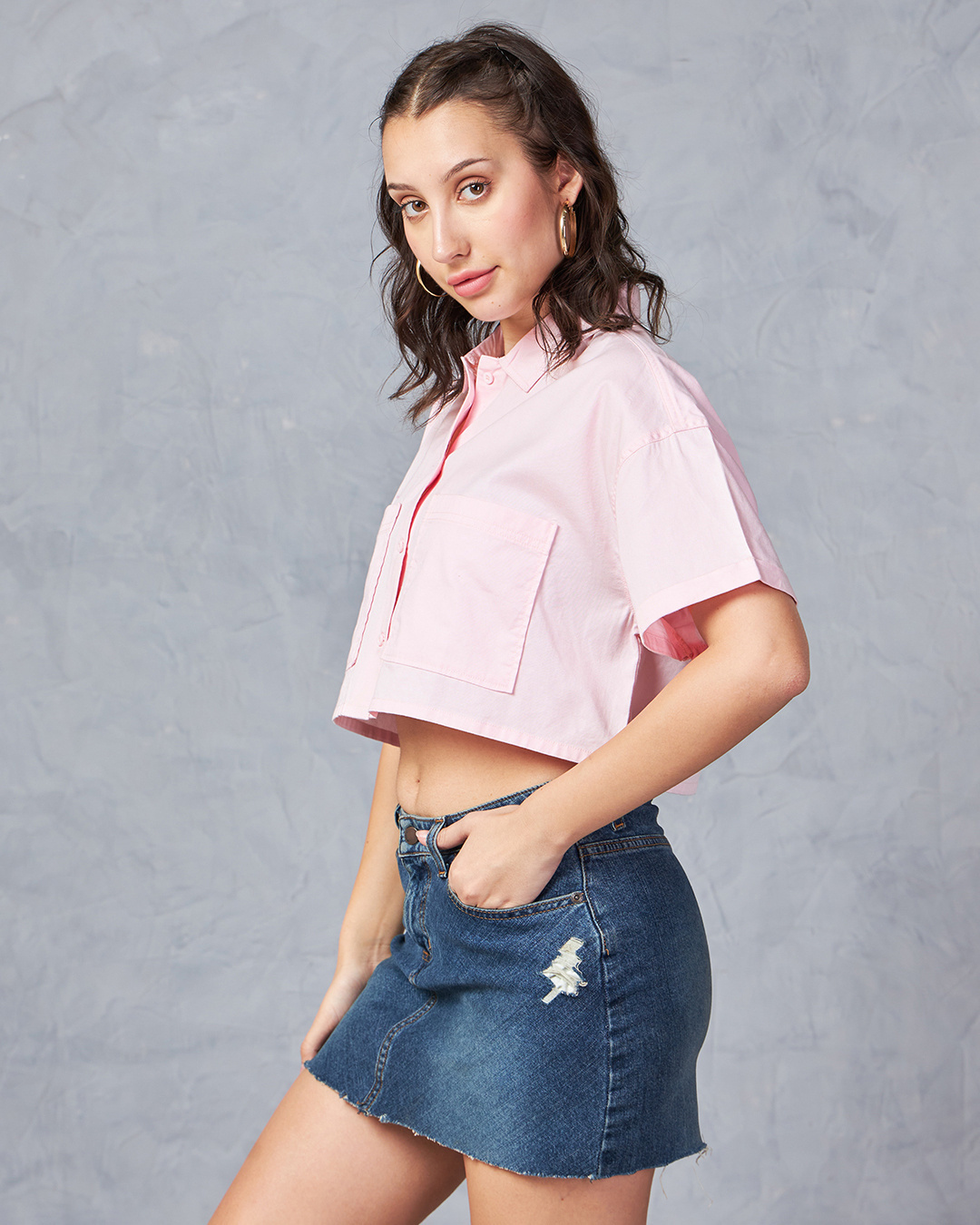 Shop Women's Pink Oversized Cropped Shirt-Back