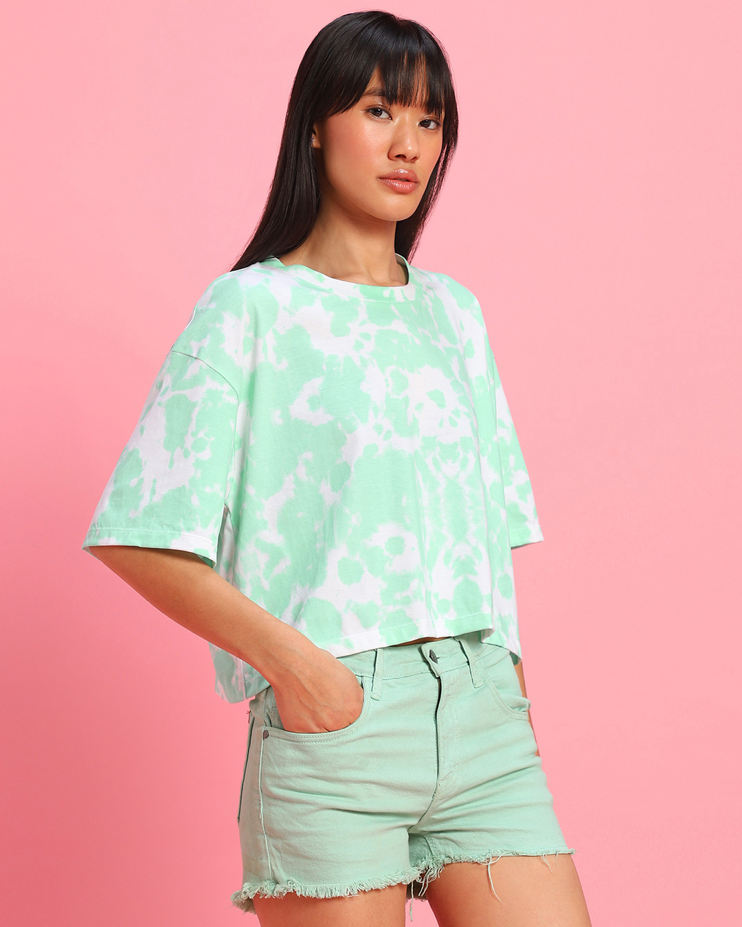 Shop Women's Green & White Tie & Dye Oversized Crop Top-Back