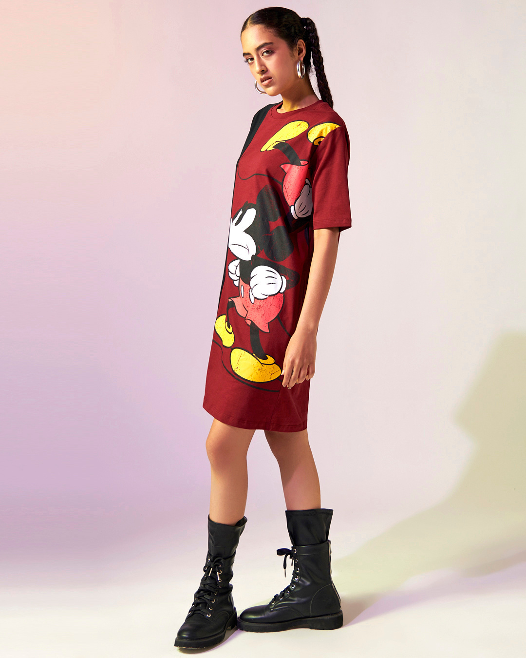 Shop Women's Maroon & Black Mickey Mouse Color Block Oversized Dress-Back