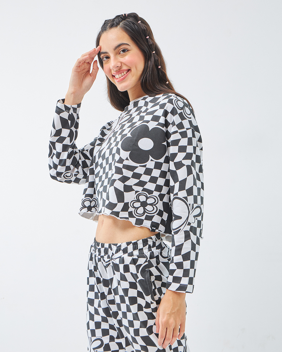 Shop Women's White & Black All Over Printed Oversized Crop Top-Back