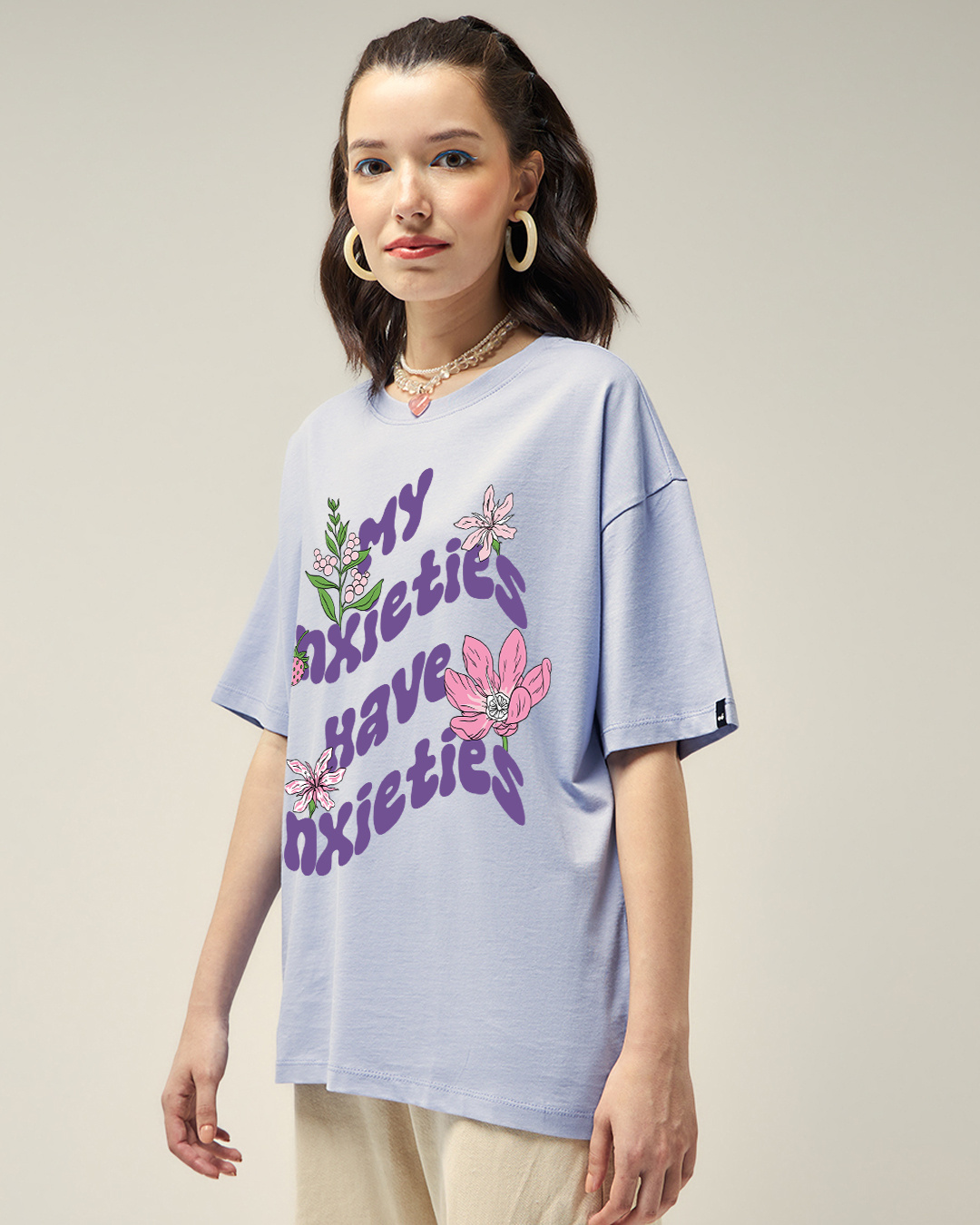 Shop Women's Baby Lavender My Anxieties have Anxieties Graphic Printed Oversized T-shirt-Back