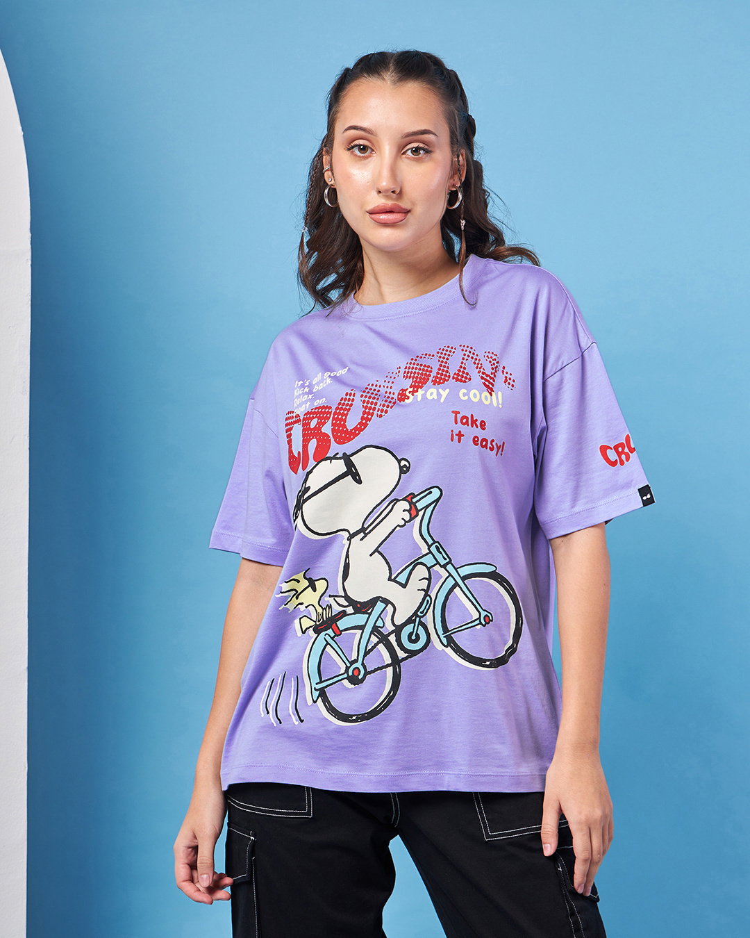 Shop Women's Baby Lavender Snoopy Cruisin Graphic Printed Oversized T-shirt-Back