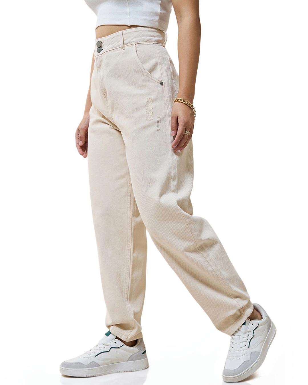 Shop Women's Beige Baggy Tapered Fit Jeans-Back