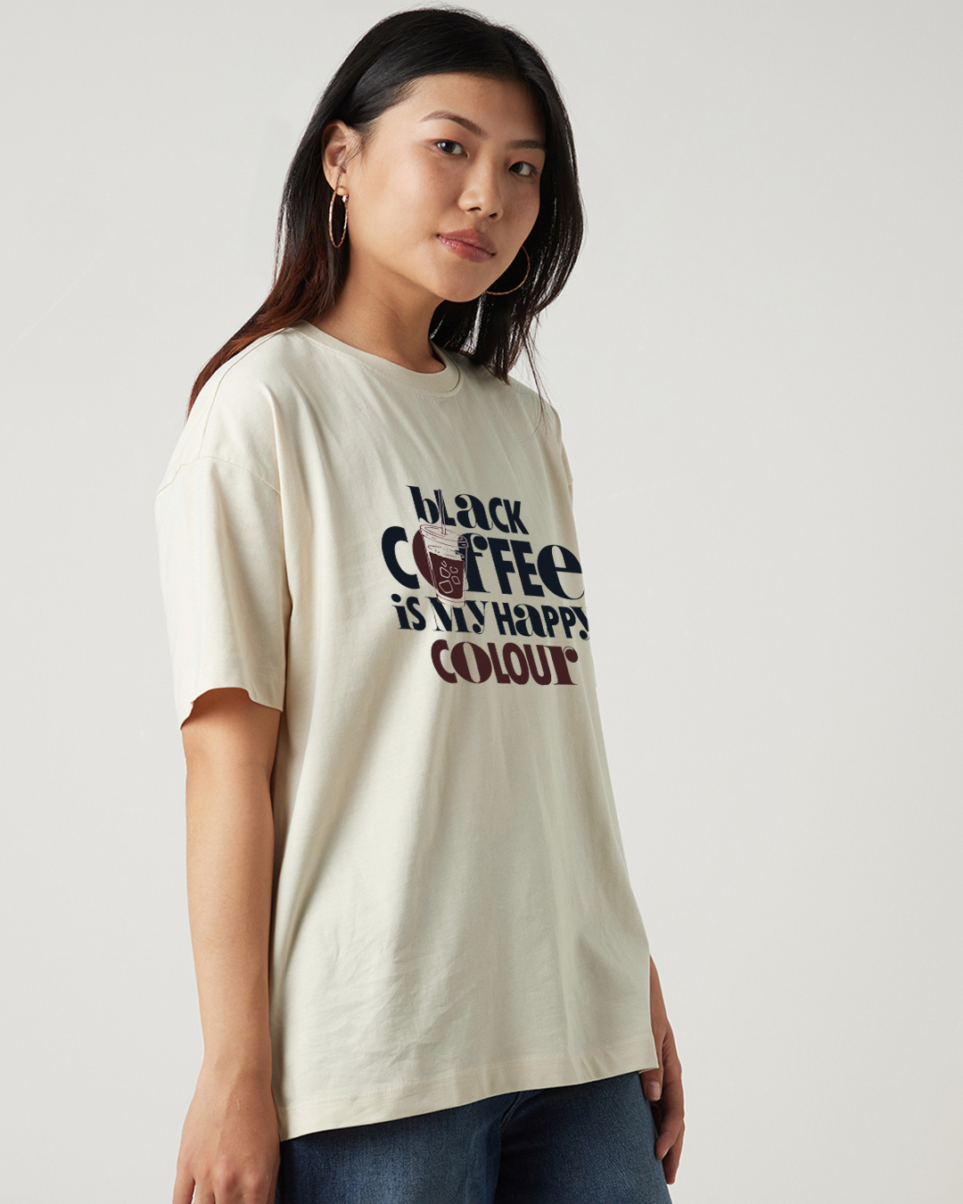 Shop Women's Beige Black Coffee Typography Oversized T-shirt-Back