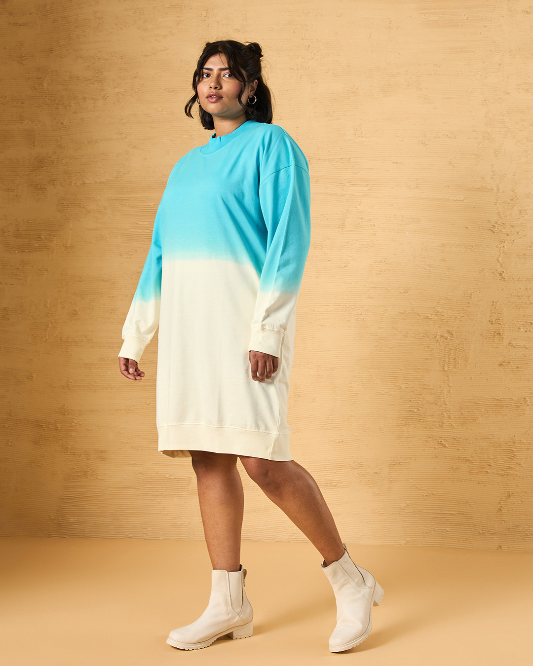 Shop Women's Beige & Blue Ombre Oversized Plus Size Sweatshirt Dress-Back