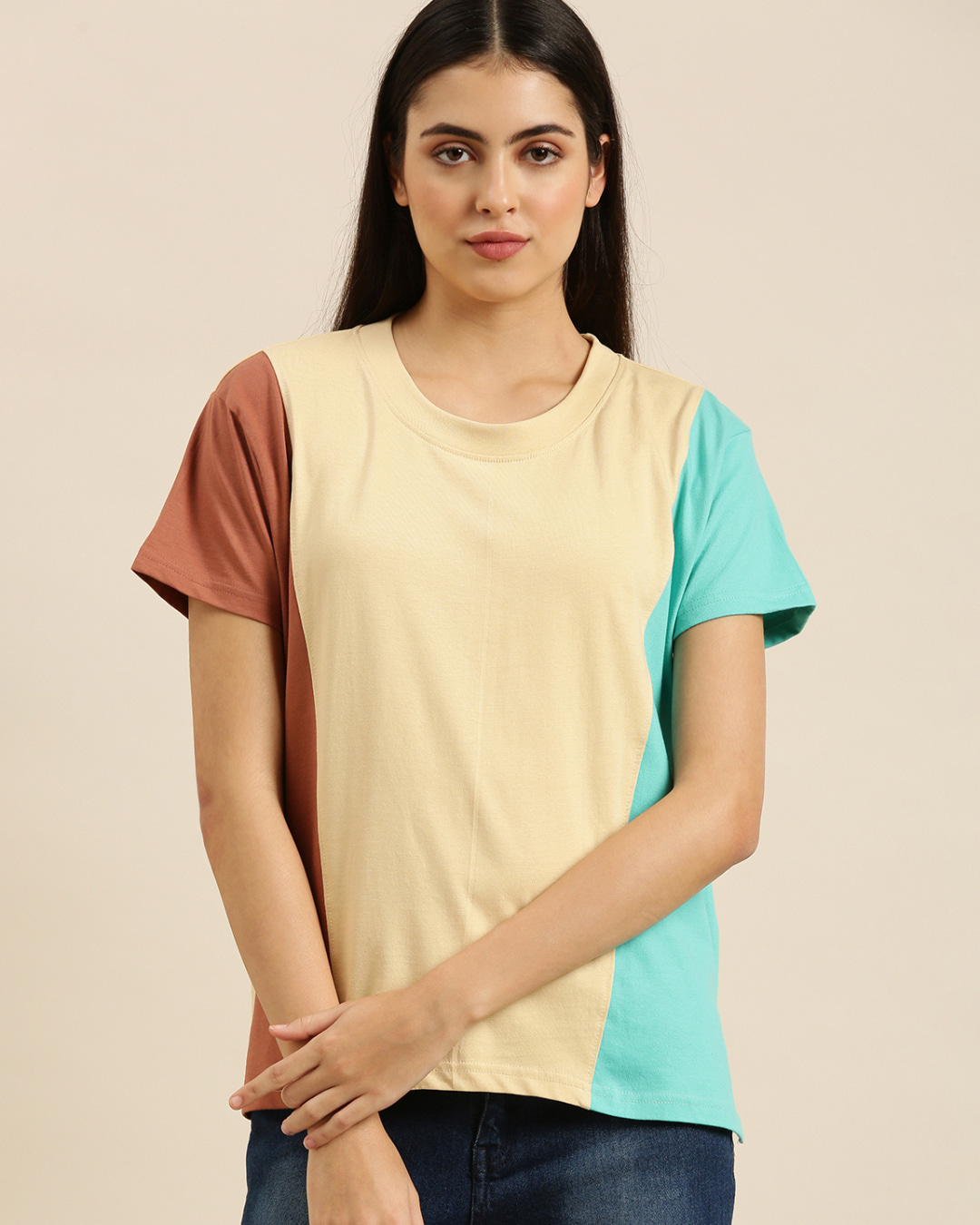 Buy Women's Beige Color Block Oversized T-shirt Online at Bewakoof