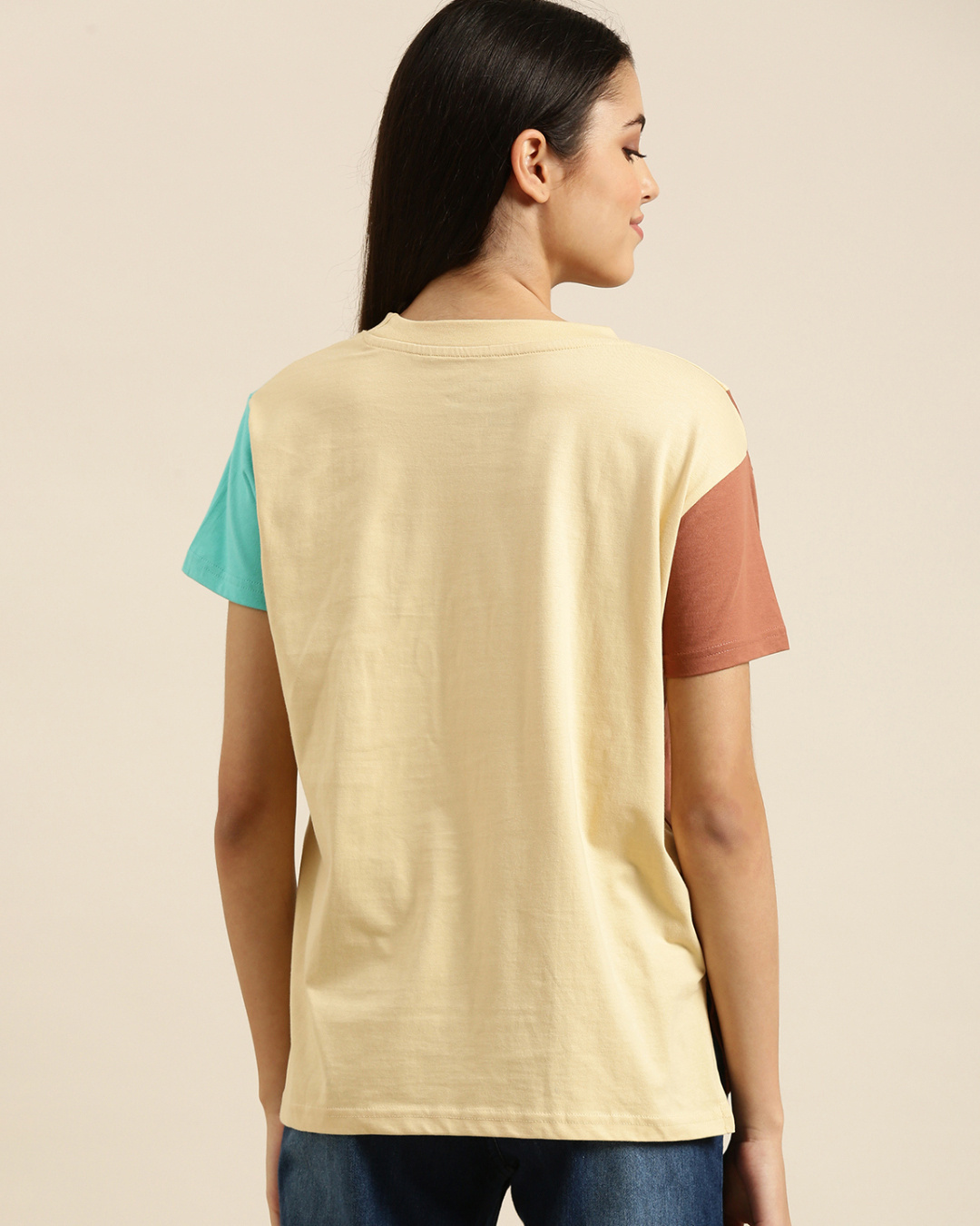 Shop Women's Beige Color Block Oversized T-shirt-Back