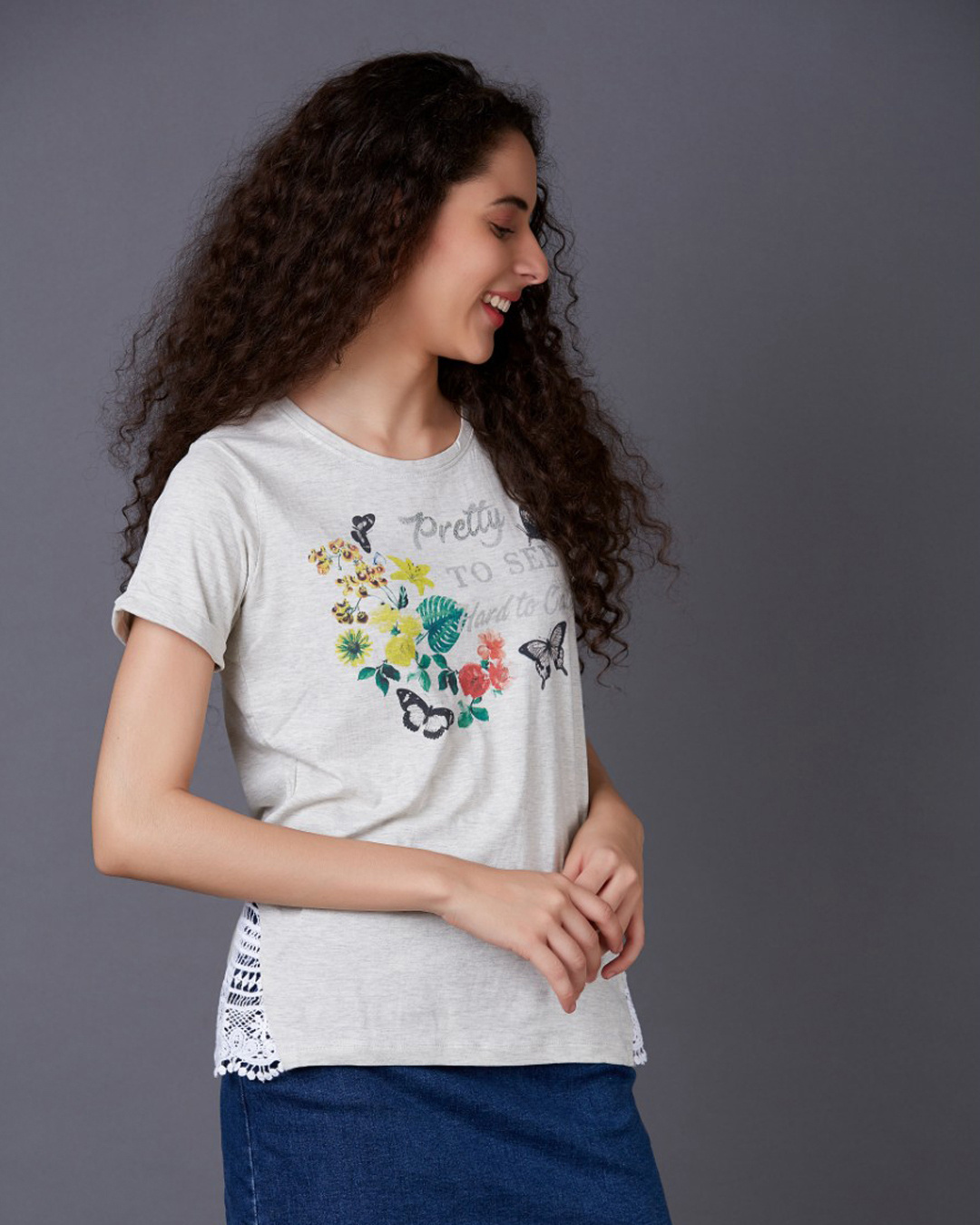 Shop Women's Beige Cotton Scalloped Lace T-shirt-Back