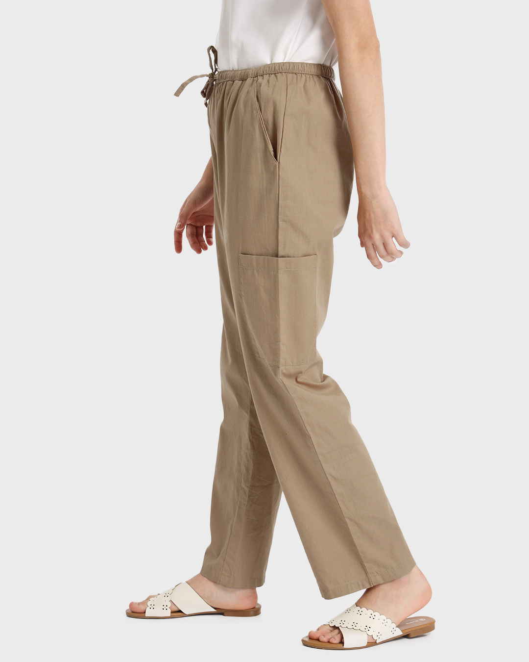 Shop Women's Beige Cotton Straight Casual Pants-Back