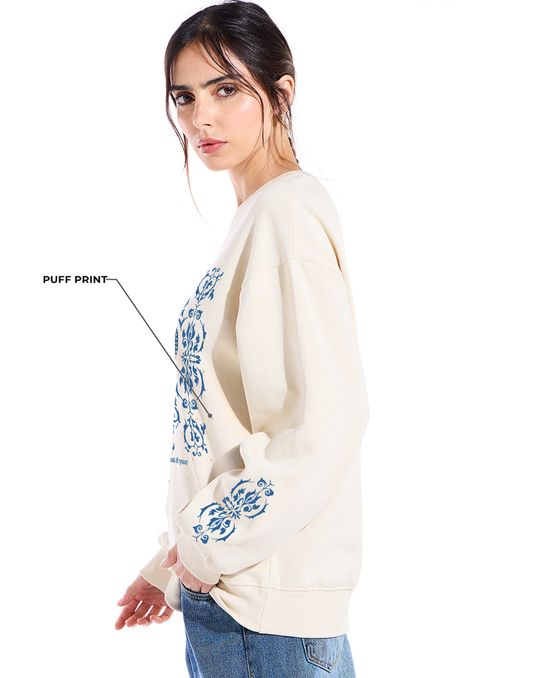 Shop Women's Beige Divine Graphic Printed Oversized Sweatshirt-Back