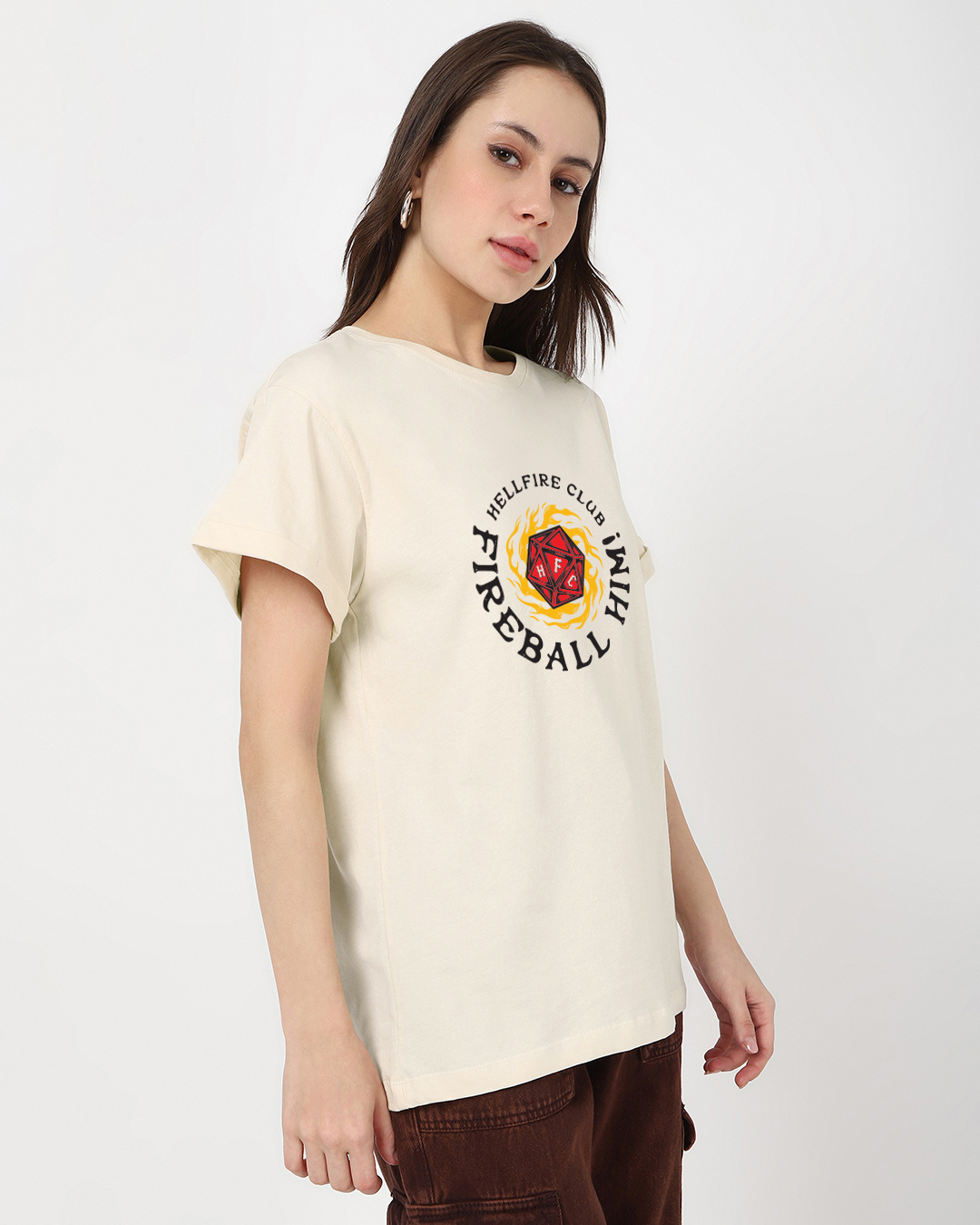 Shop Women's Beige Fireball Him Graphic Printed Boyfriend T-shirt-Back