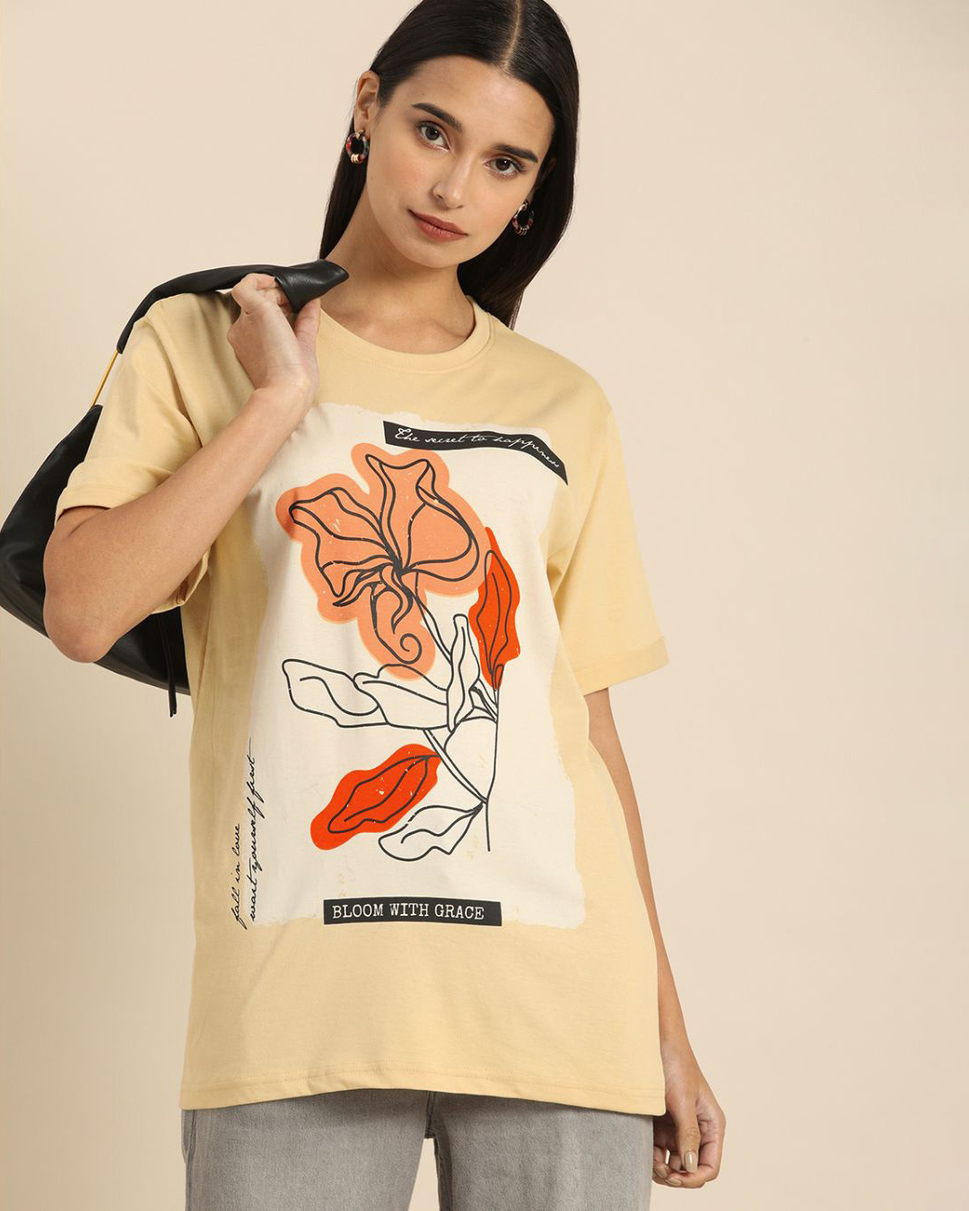 Shop Women's Beige Floral Print T-shirt-Front