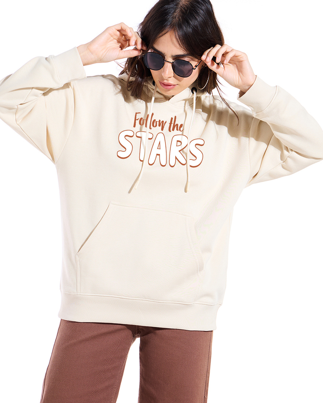 Shop Women's Beige Follow The Stars Graphic Print Oversized Hoodies-Back