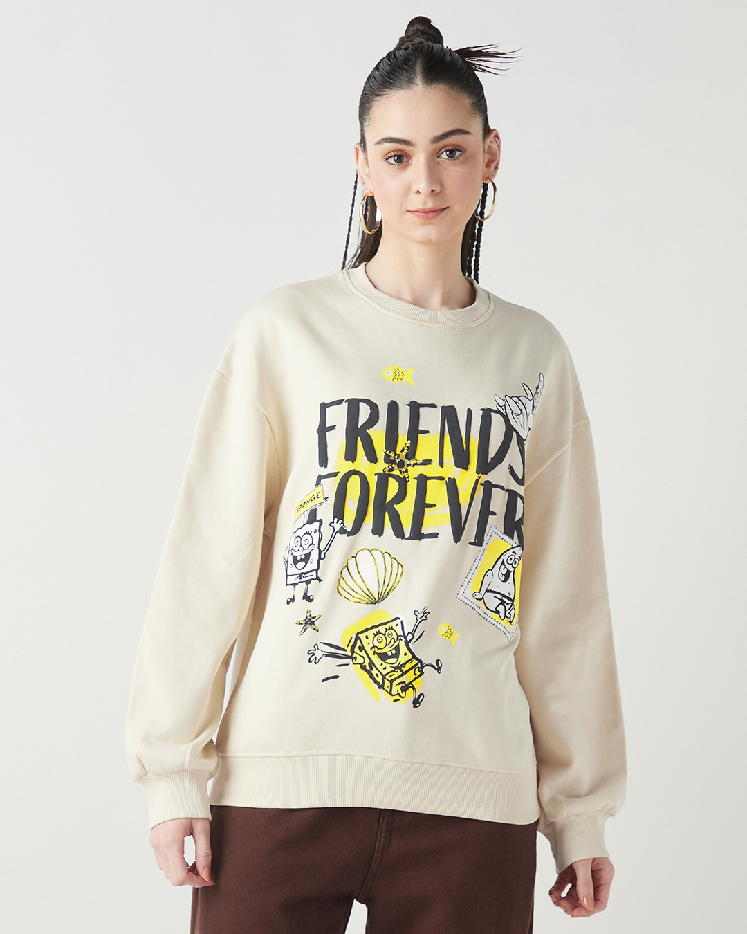 Shop Women's Beige Friends Forever Graphic Printed Oversized Sweatshirt-Back