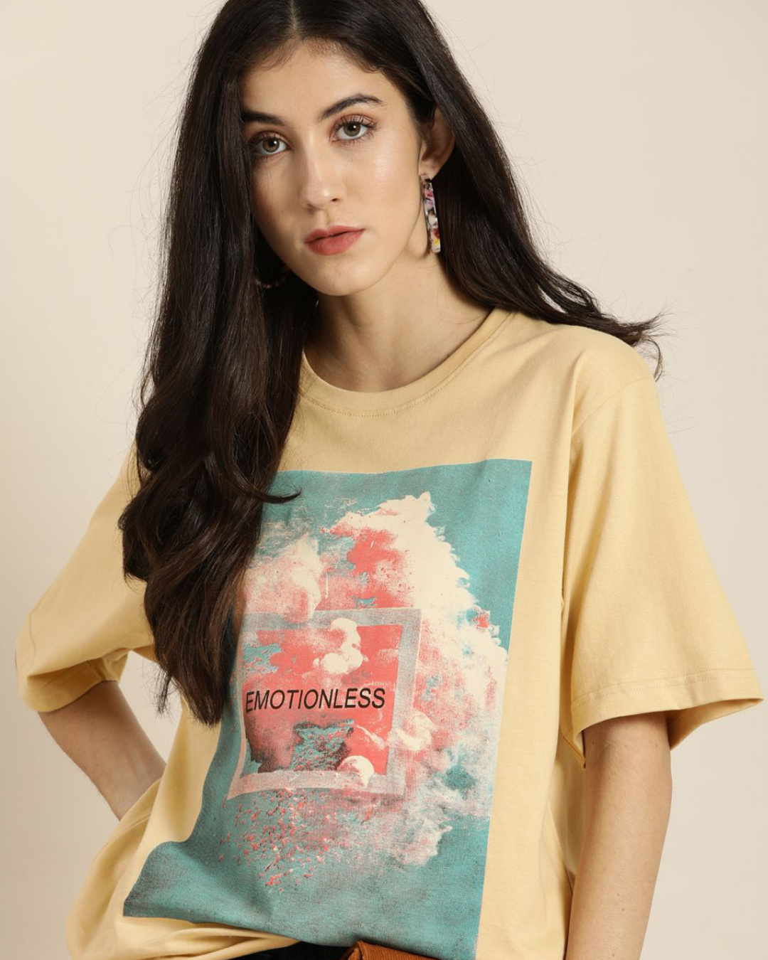 Shop Women's Beige Graphic Print T-shirt-Front