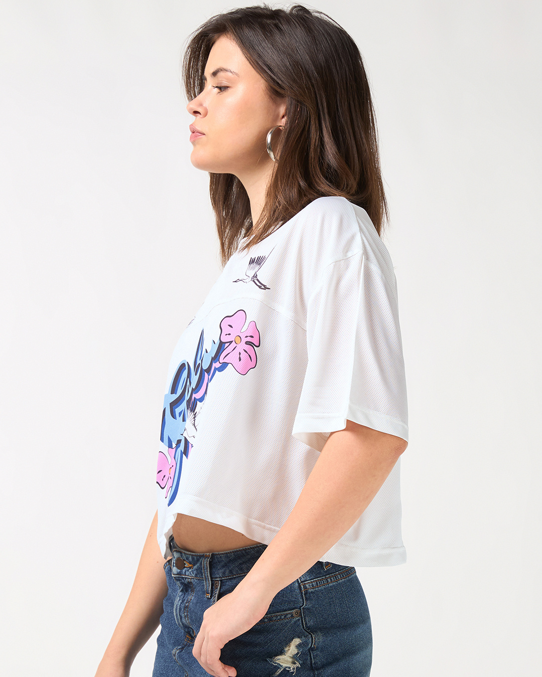 Shop Women's White Graphic Printed Oversized Crop Mesh T-shirt-Back