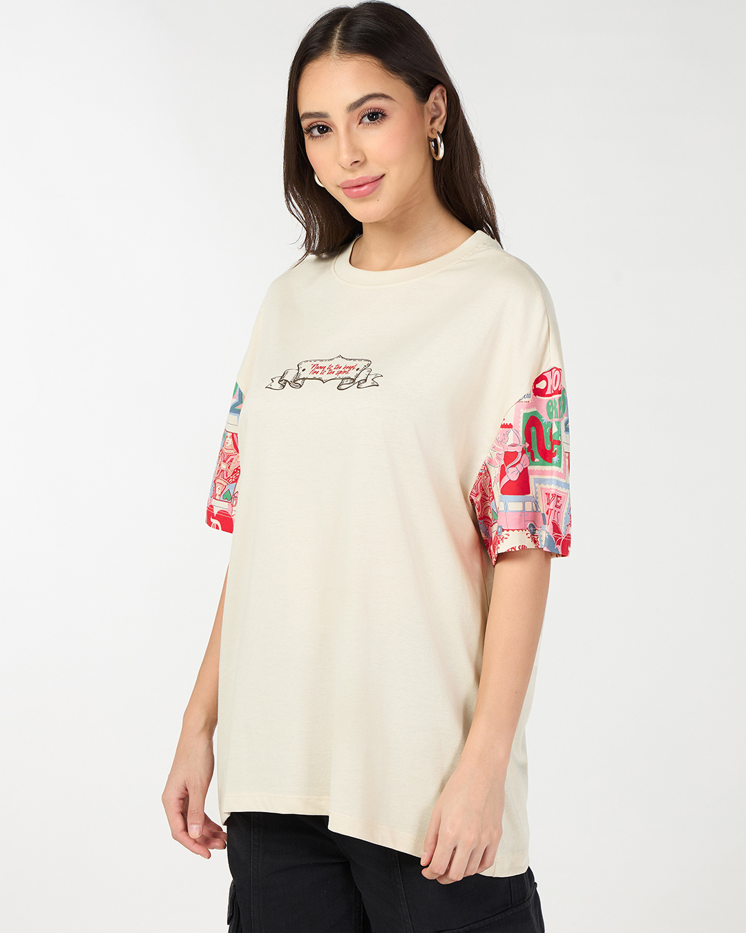 Shop Women's Beige Graphic Printed Oversized T-shirt-Back