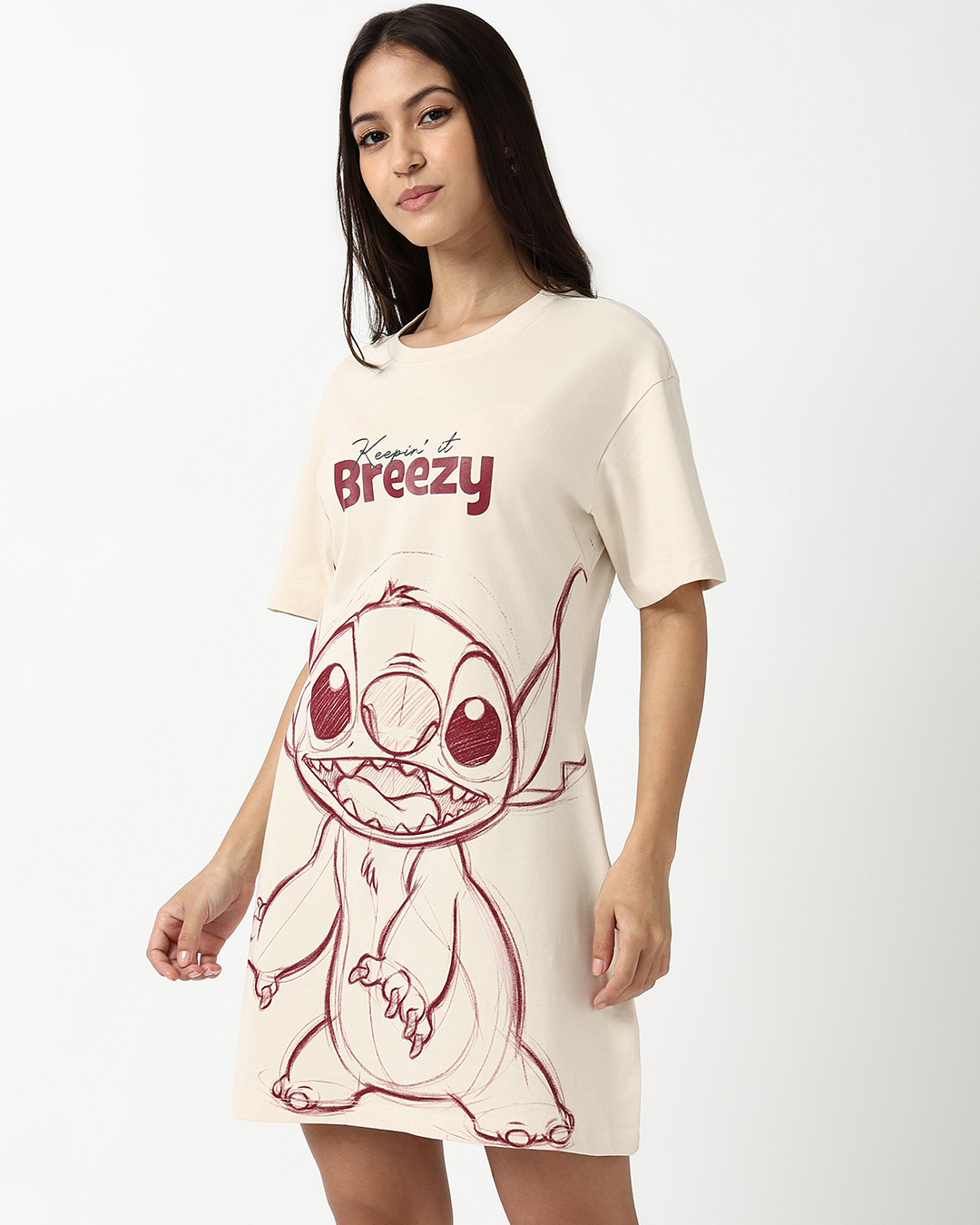 Shop Women's Beige Stitch Graphic Printed T-Shirt Dress-Back
