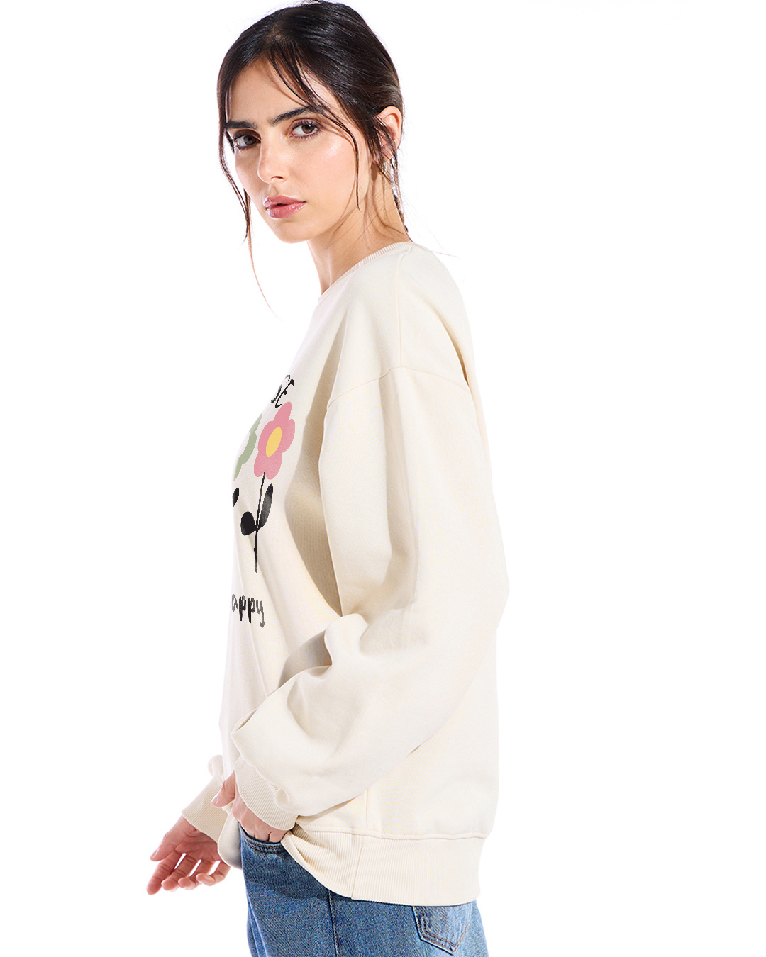 Shop Women's Beige Happy Graphic Printed Oversized Sweatshirt-Back