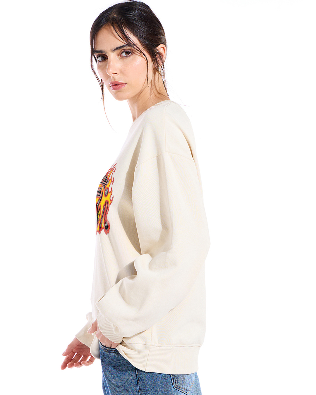 Shop Women's Beige Hellfire Club Graphic Printed Oversized Sweatshirt-Back