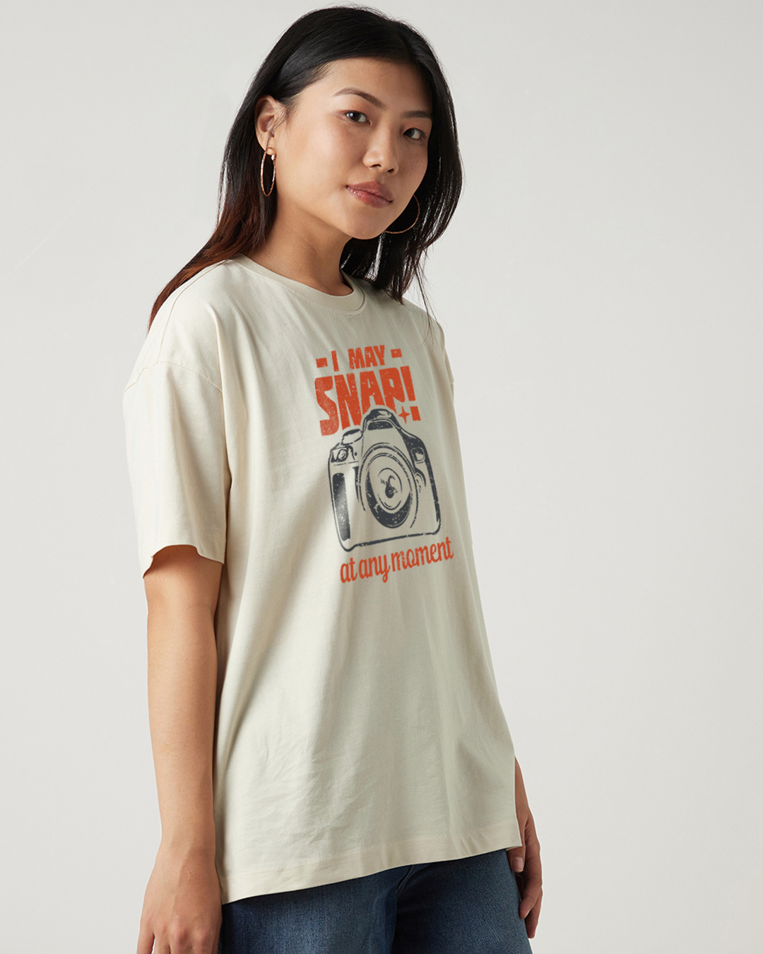 Shop Women's Beige I May Snap Graphic Printed Oversized T-shirt-Back