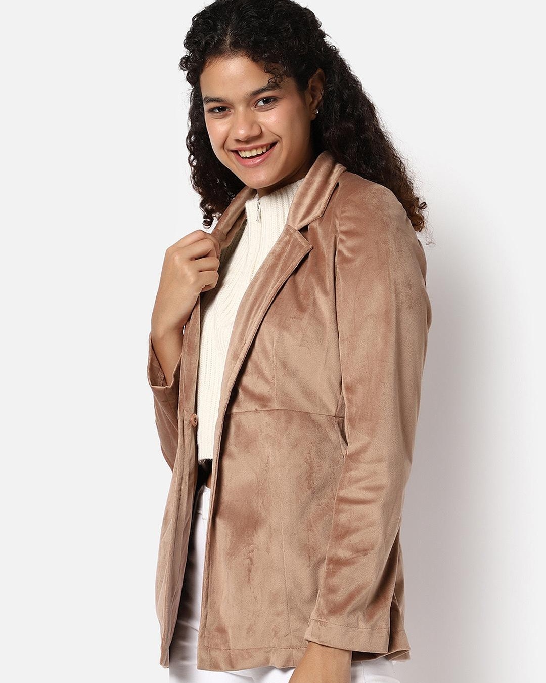 Shop Women's Beige Velvet Jacket-Back