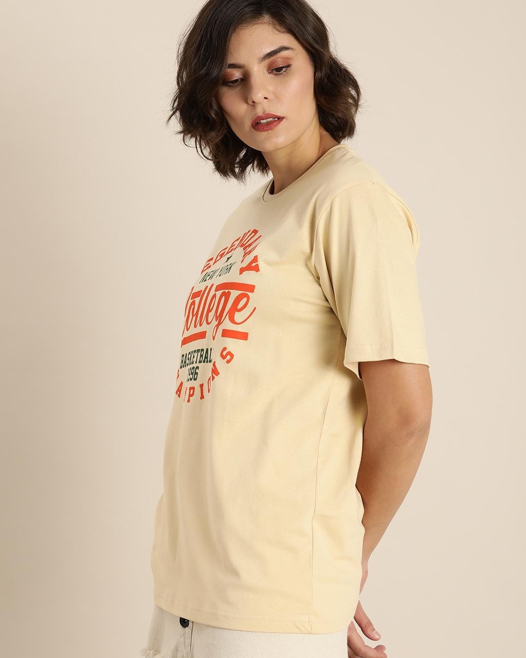 Shop Women's Beige Legendary Typography Oversized T-shirt-Back