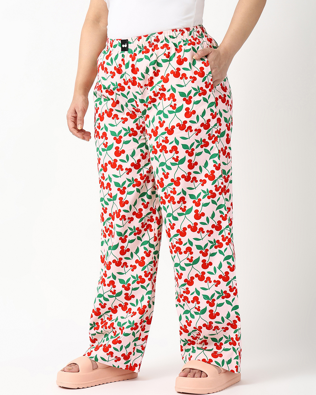 Shop Women's Beige Mickey All Over Printed Plus Size Wide Leg Pyjamas-Back
