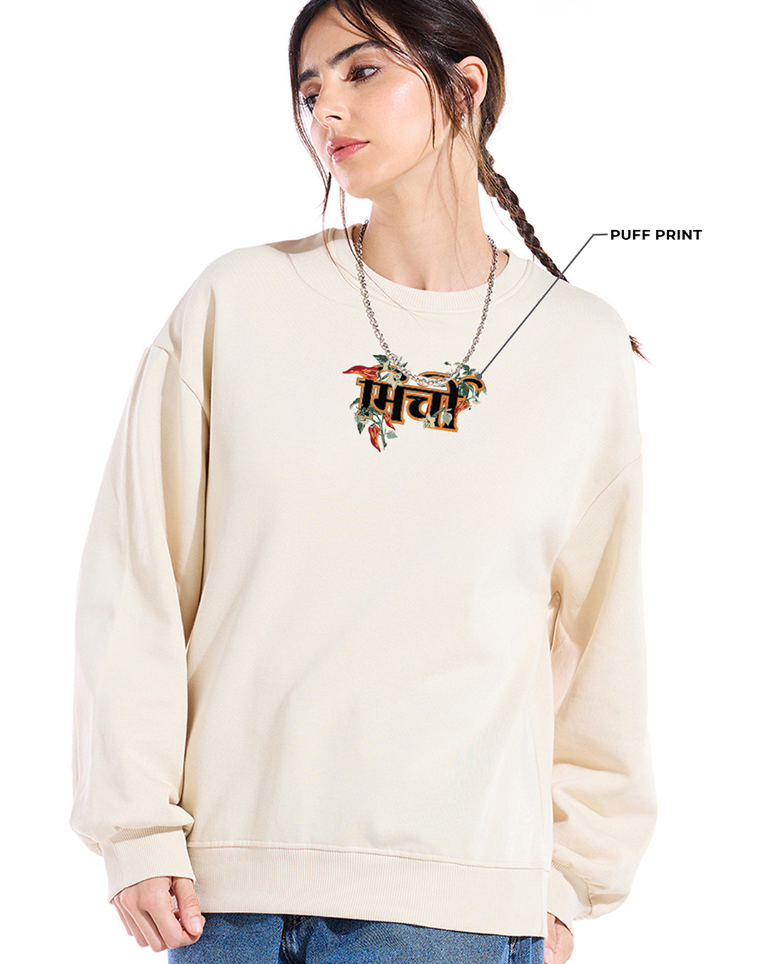 Shop Women's Beige Mirchi Graphic Printed Oversized Sweatshirt-Back