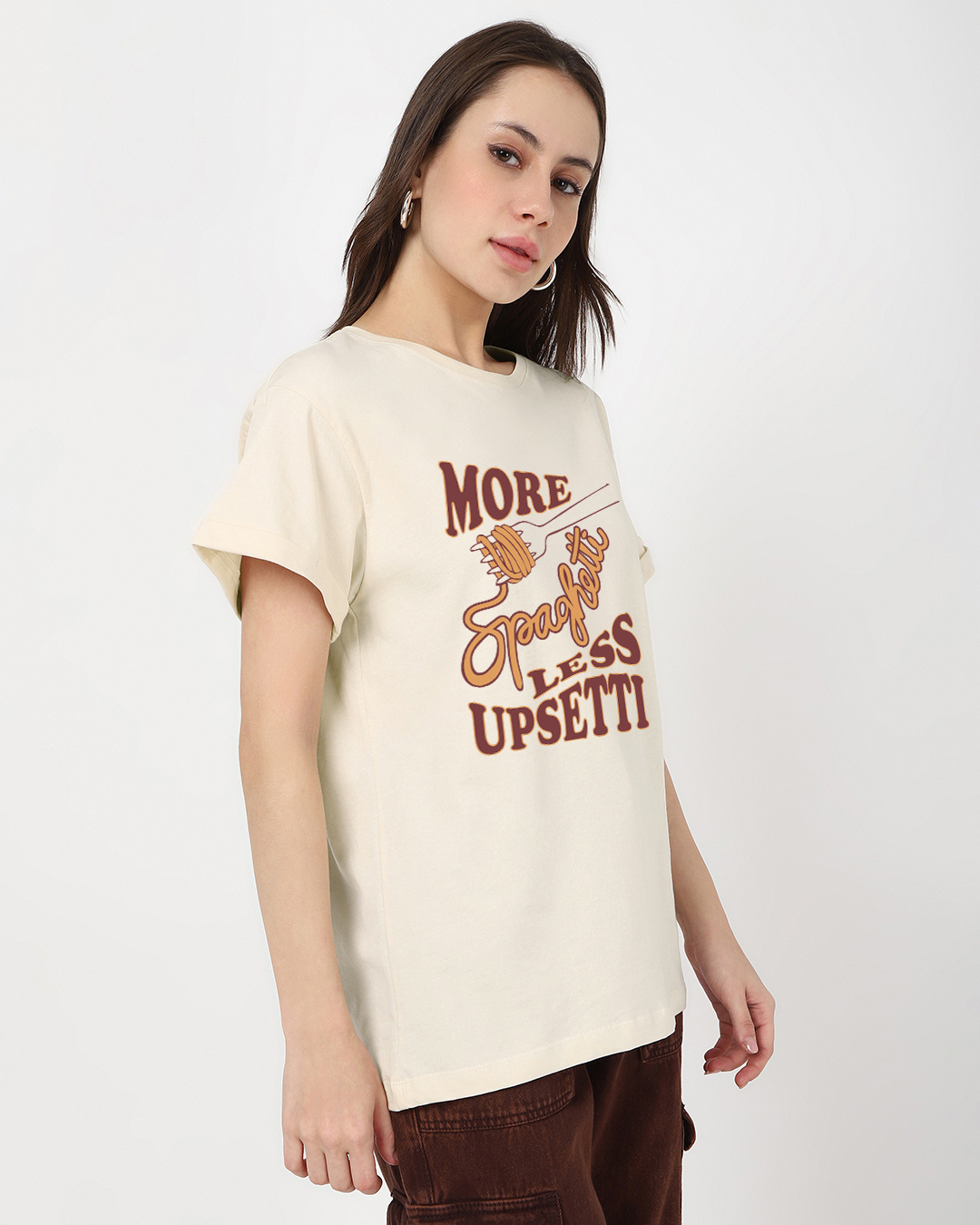 Shop Women's Beige More Spaghetti Graphic Printed Boyfriend T-shirt-Back