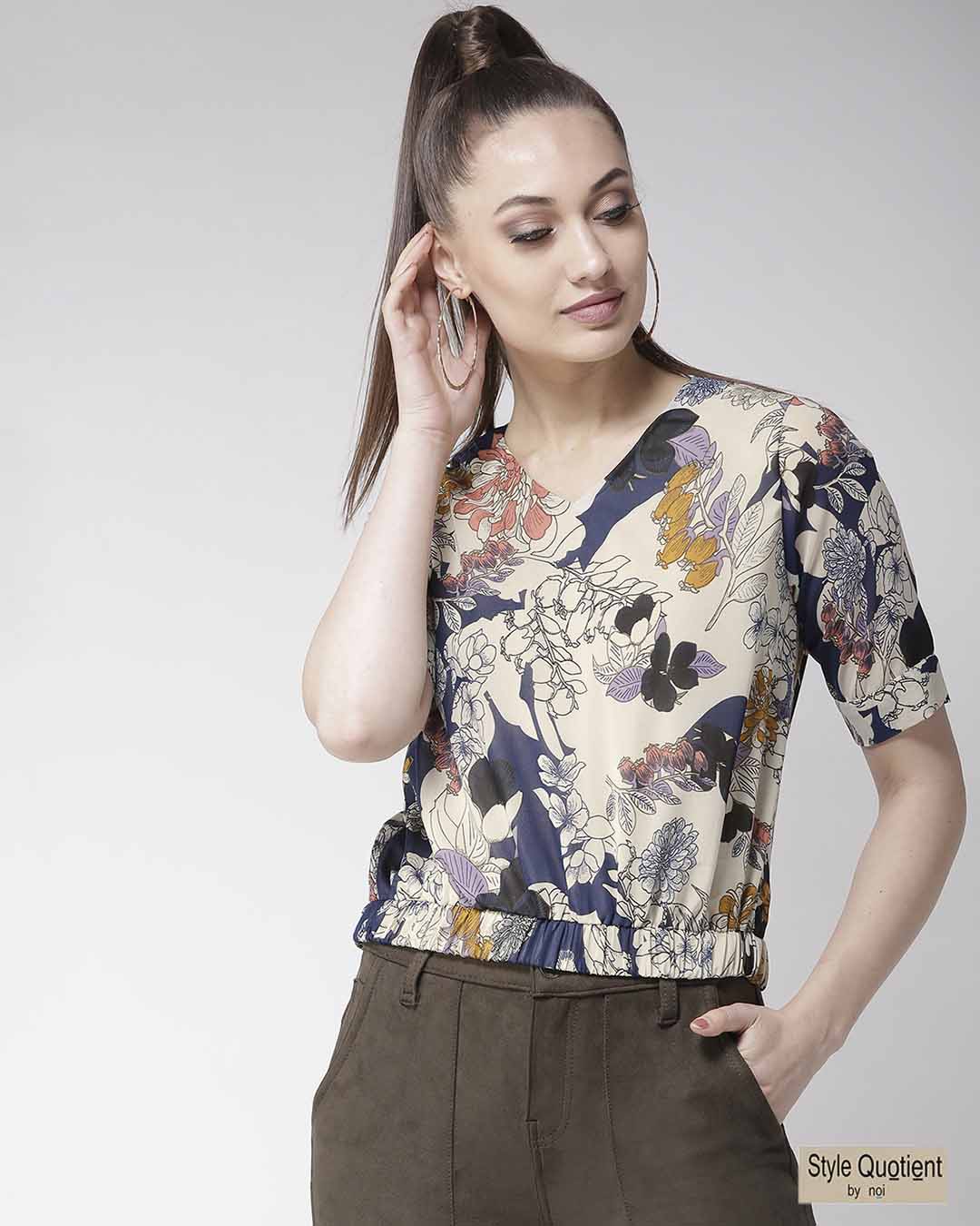 Buy Women's Beige & Navy Blue Floral Print Blouson Top Online at Bewakoof