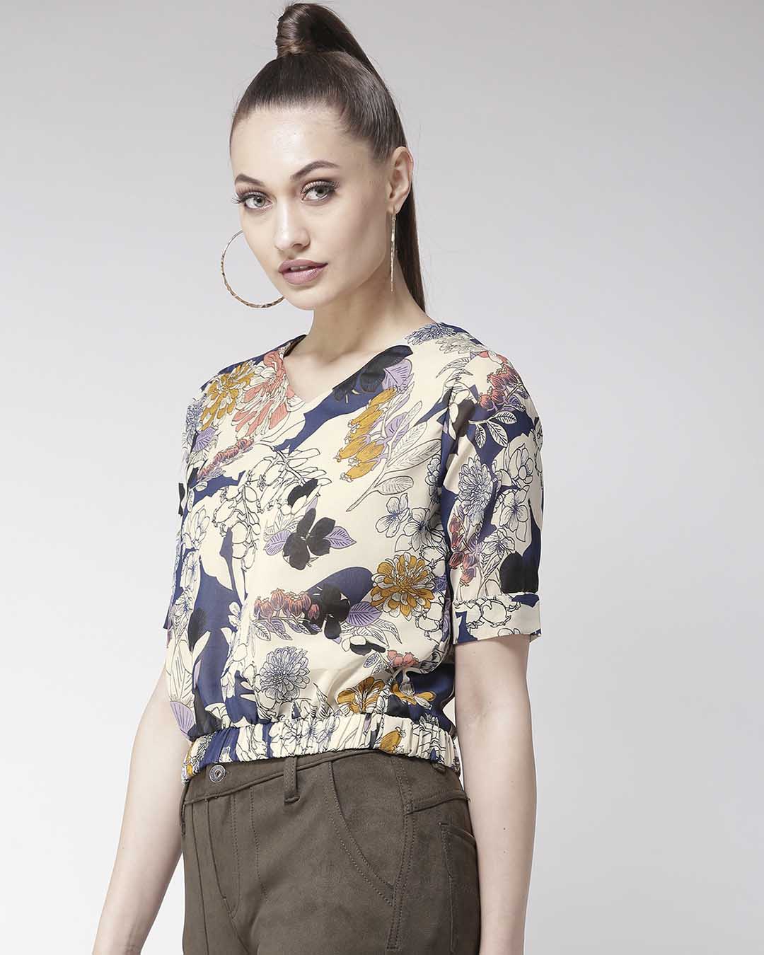 Shop Women's Beige & Navy Blue Floral Print Blouson Top-Back