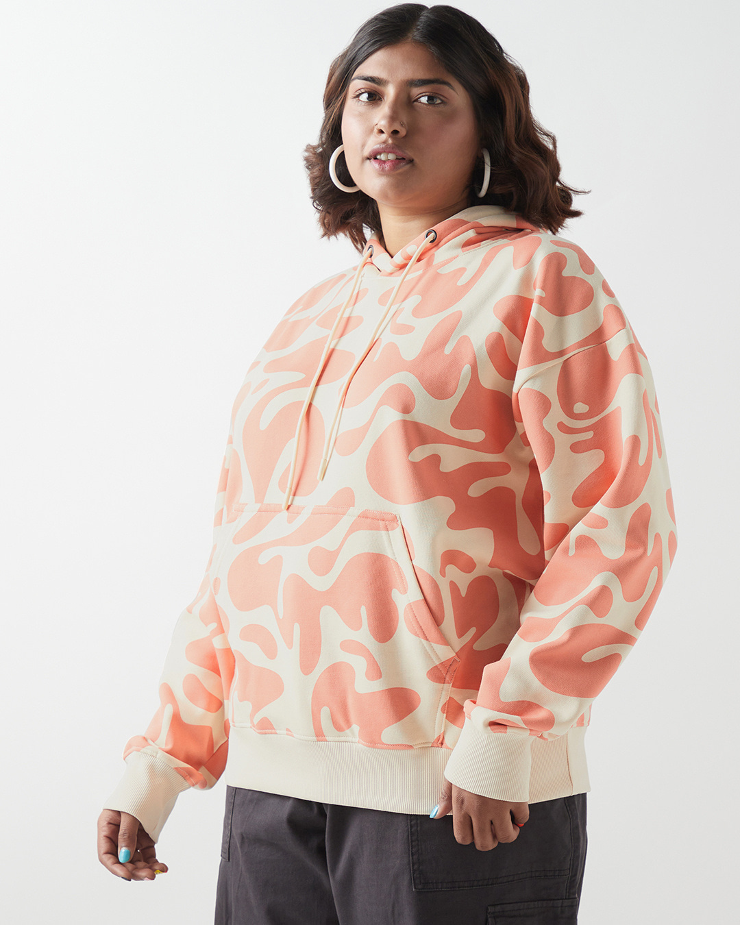 Shop Women's Beige & Orange All Over Printed Oversized Plus Size Hoodies-Back