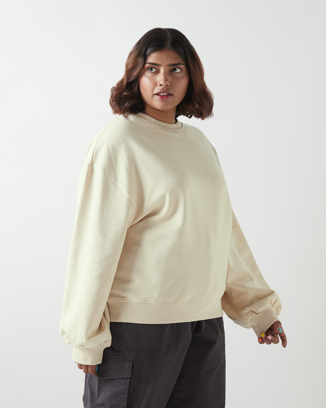 Shop Women's Beige Oversized Plus Size Sweatshirt-Back