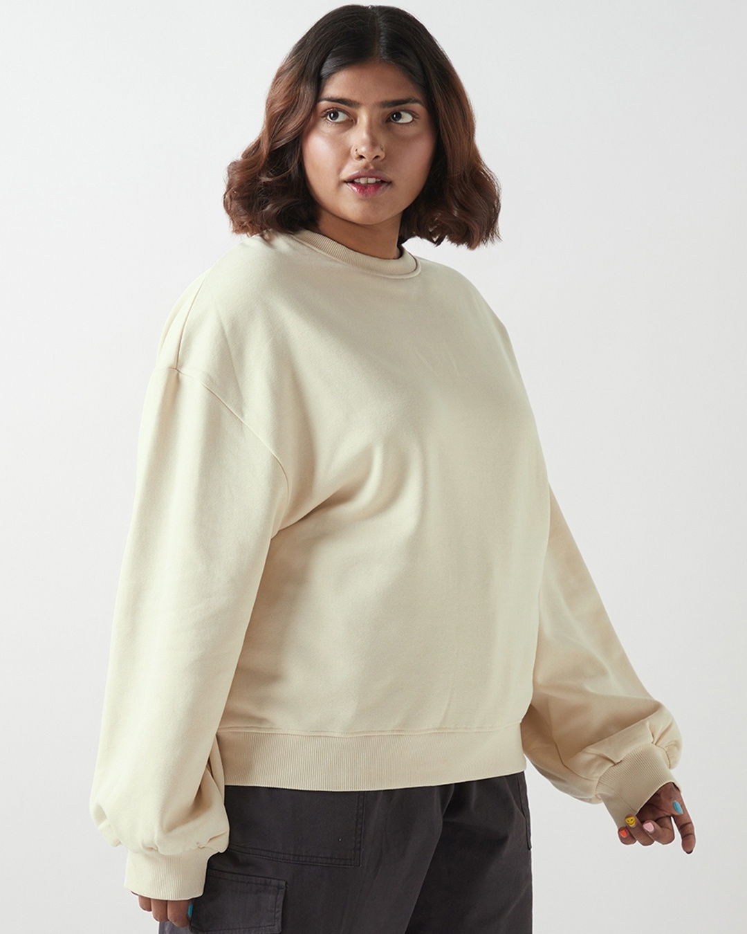 Shop Women's Beige Oversized Plus Size Sweatshirt-Back
