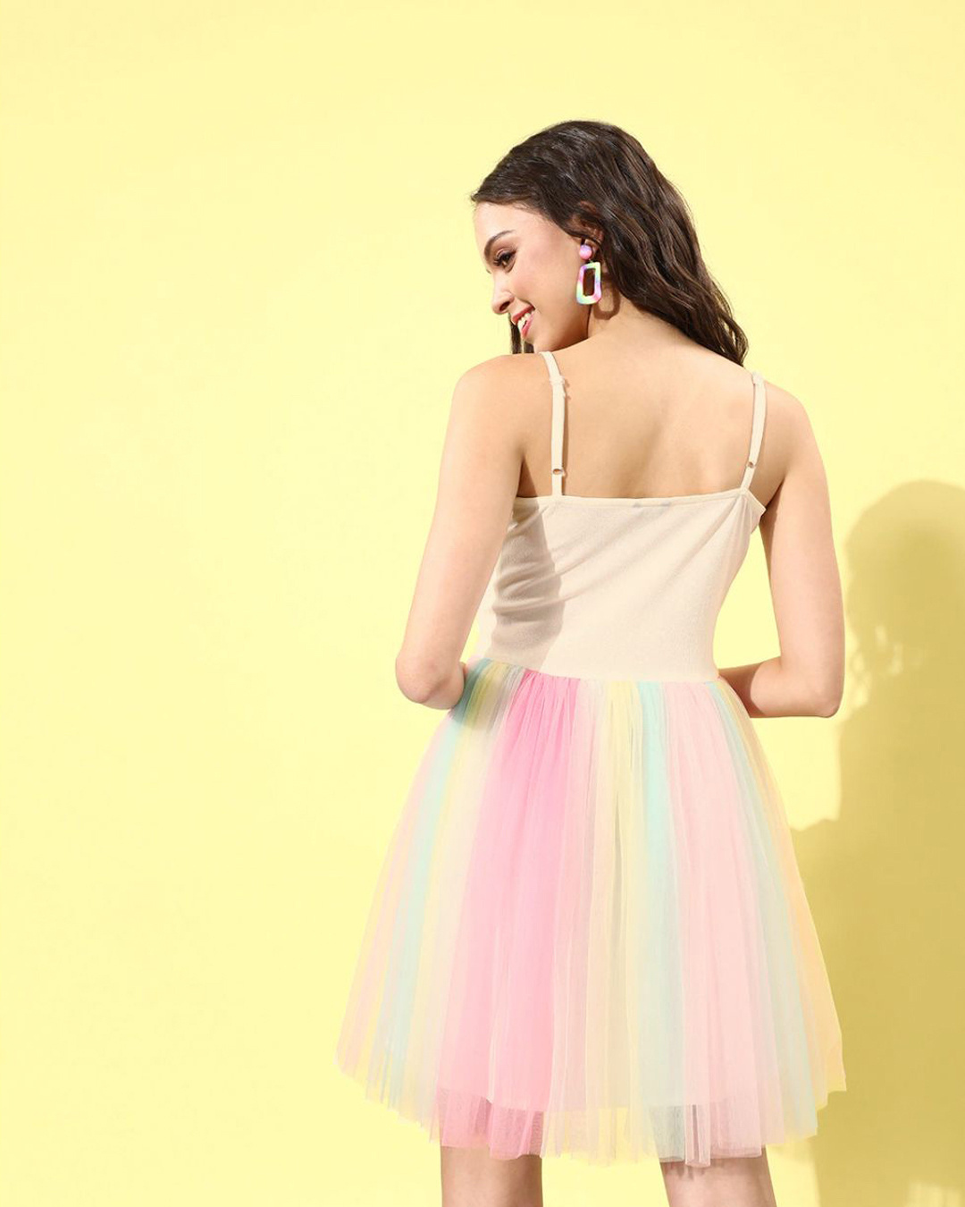 Shop Women's Beige & Pink Color Block Tulle Dress-Back