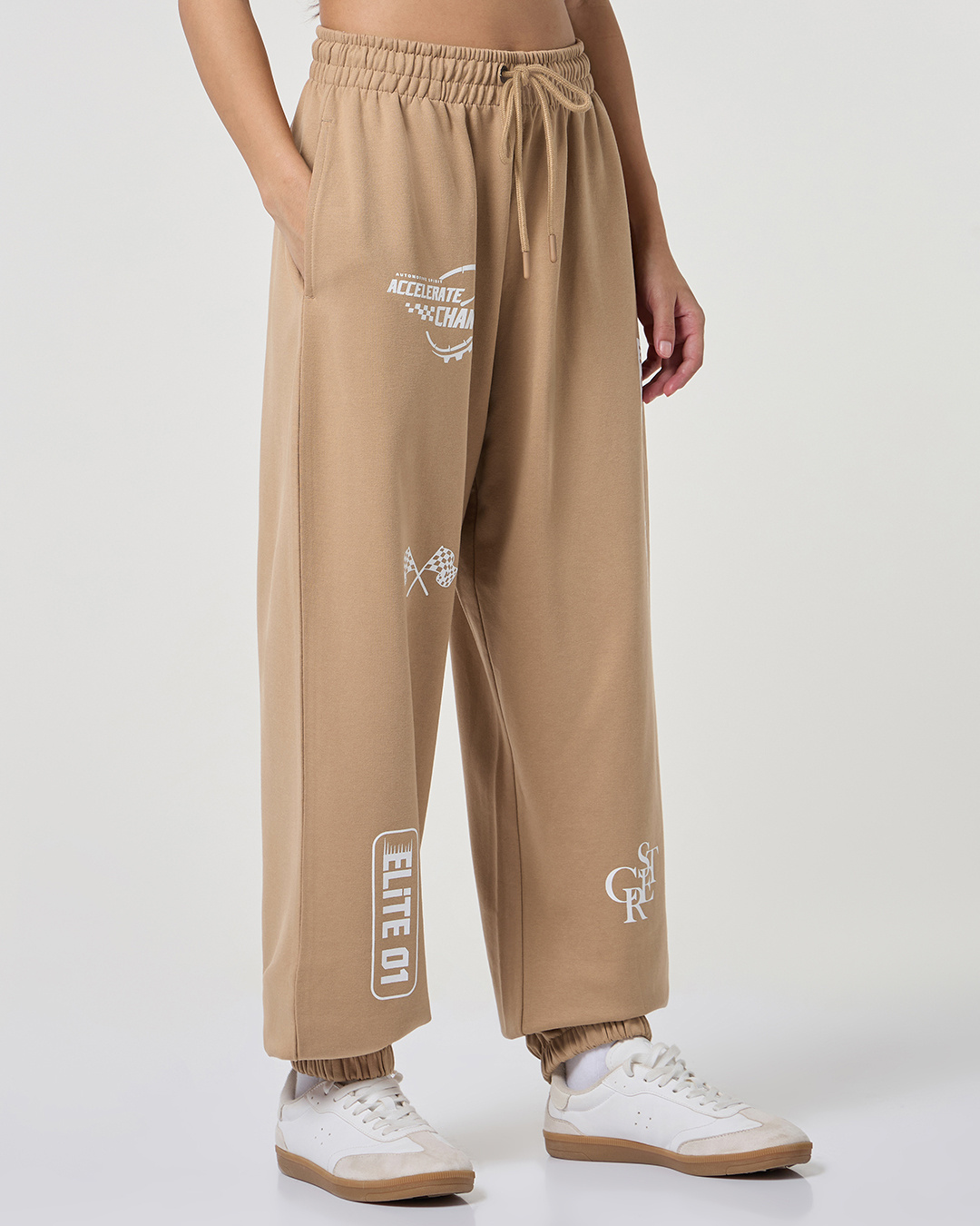 Shop Women's Beige Typography Super Loose Fit Joggers-Back