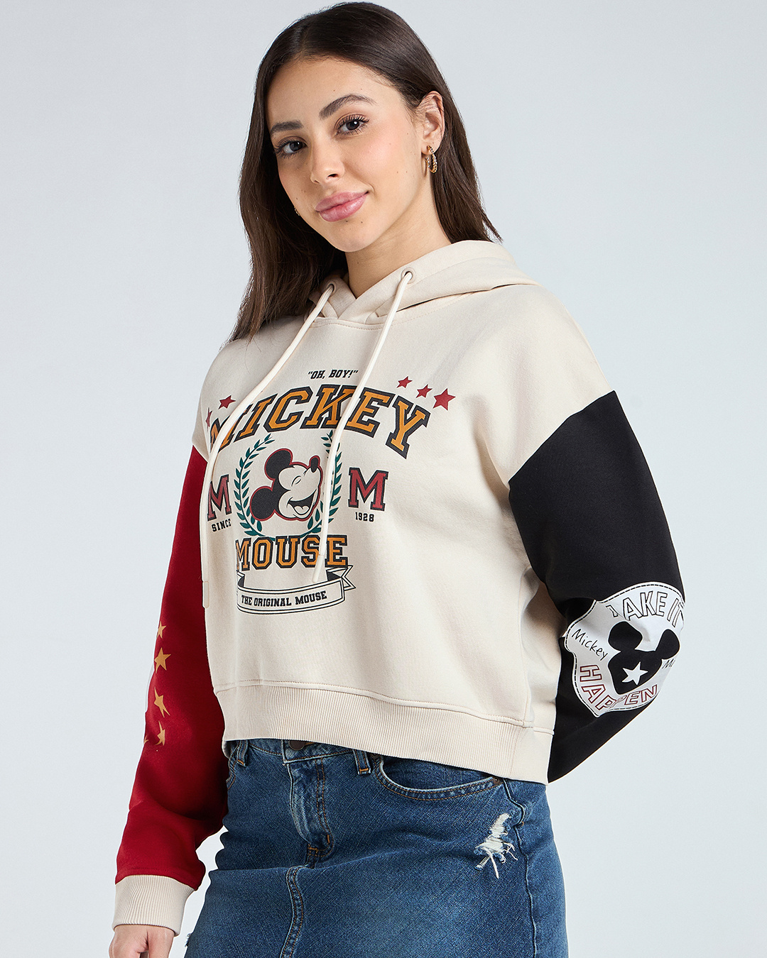 Shop Women's Beige & Salsa Red Mickey Graphic Printed Oversized Crop Hoodies-Back