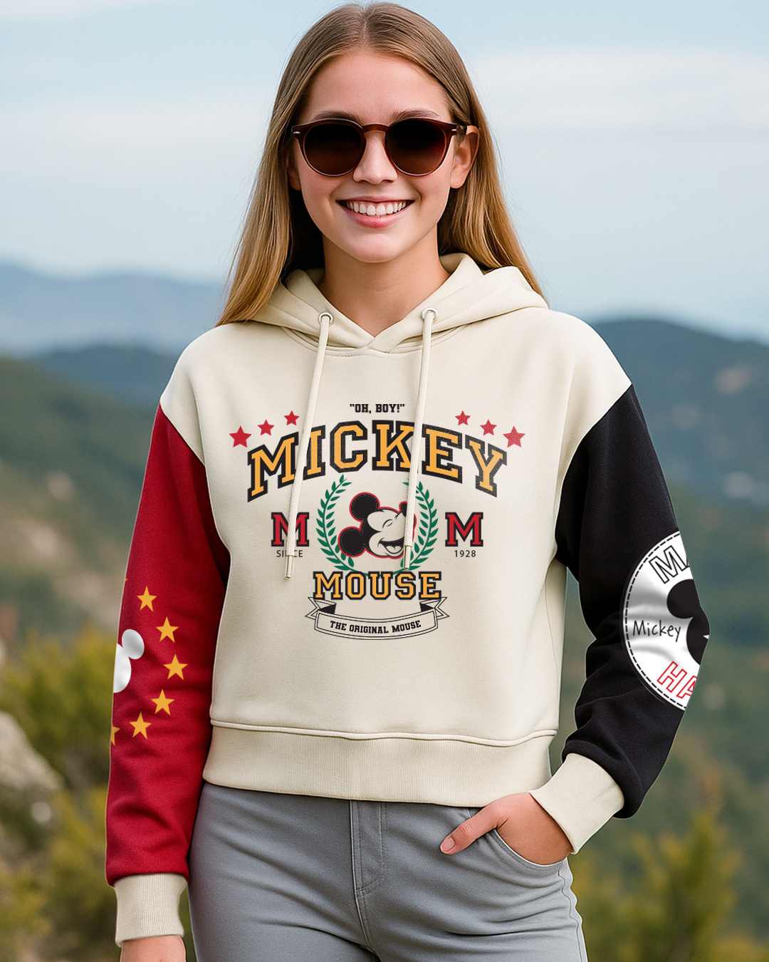 Buy Women's Beige & Salsa Red Mickey Graphic Printed Oversized Crop ...