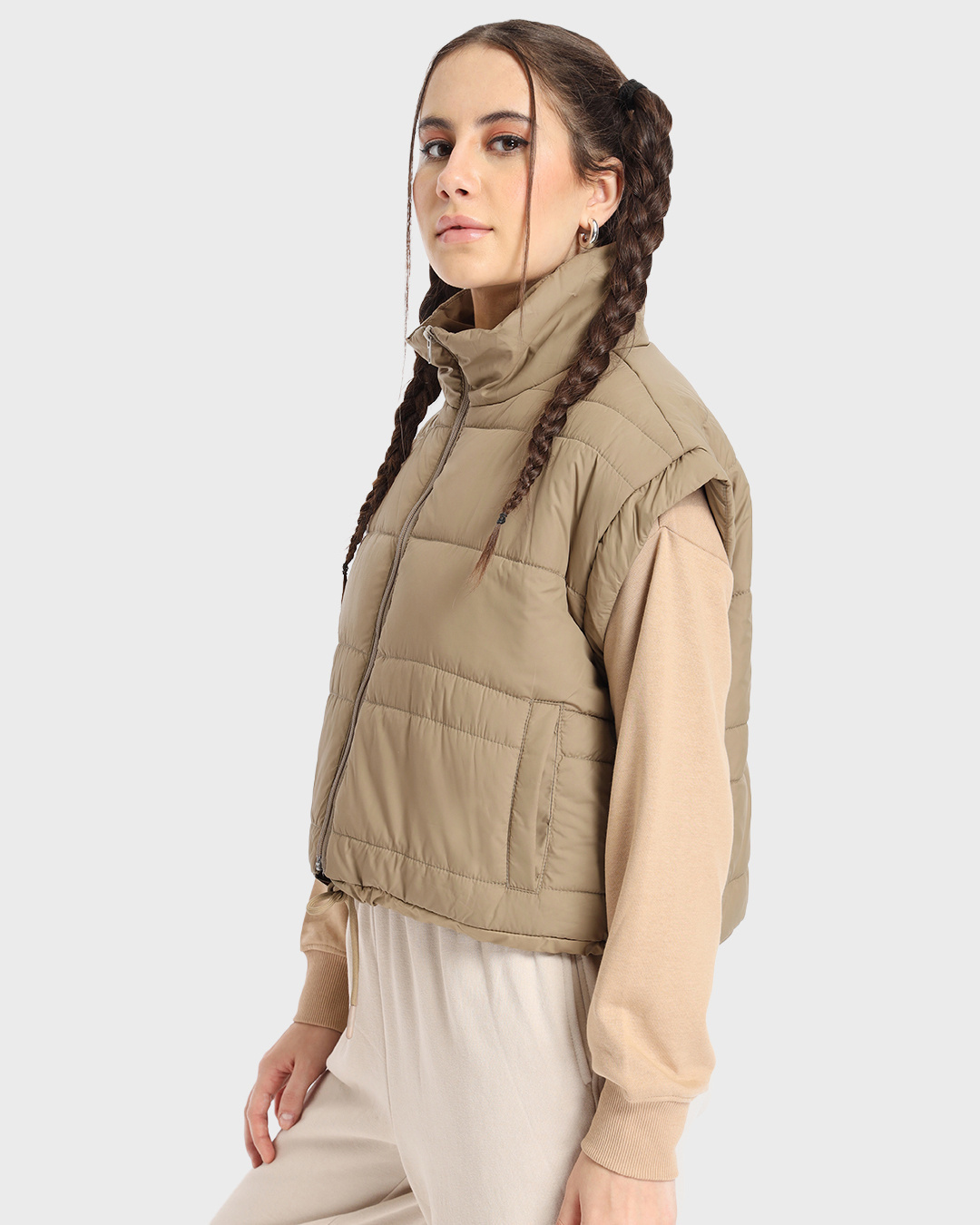 Shop Women's Beige Sleeveless Oversized Puffer Jacket-Back