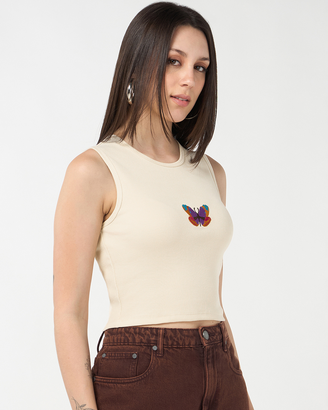 Shop Women's Beige Embroidered Slim Fit Short Top-Back