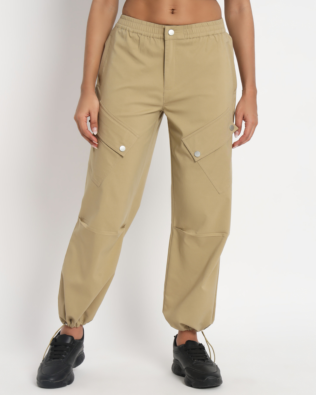 Shop Women's Beige Tapered Fit Cargo Parachute Pants-Back