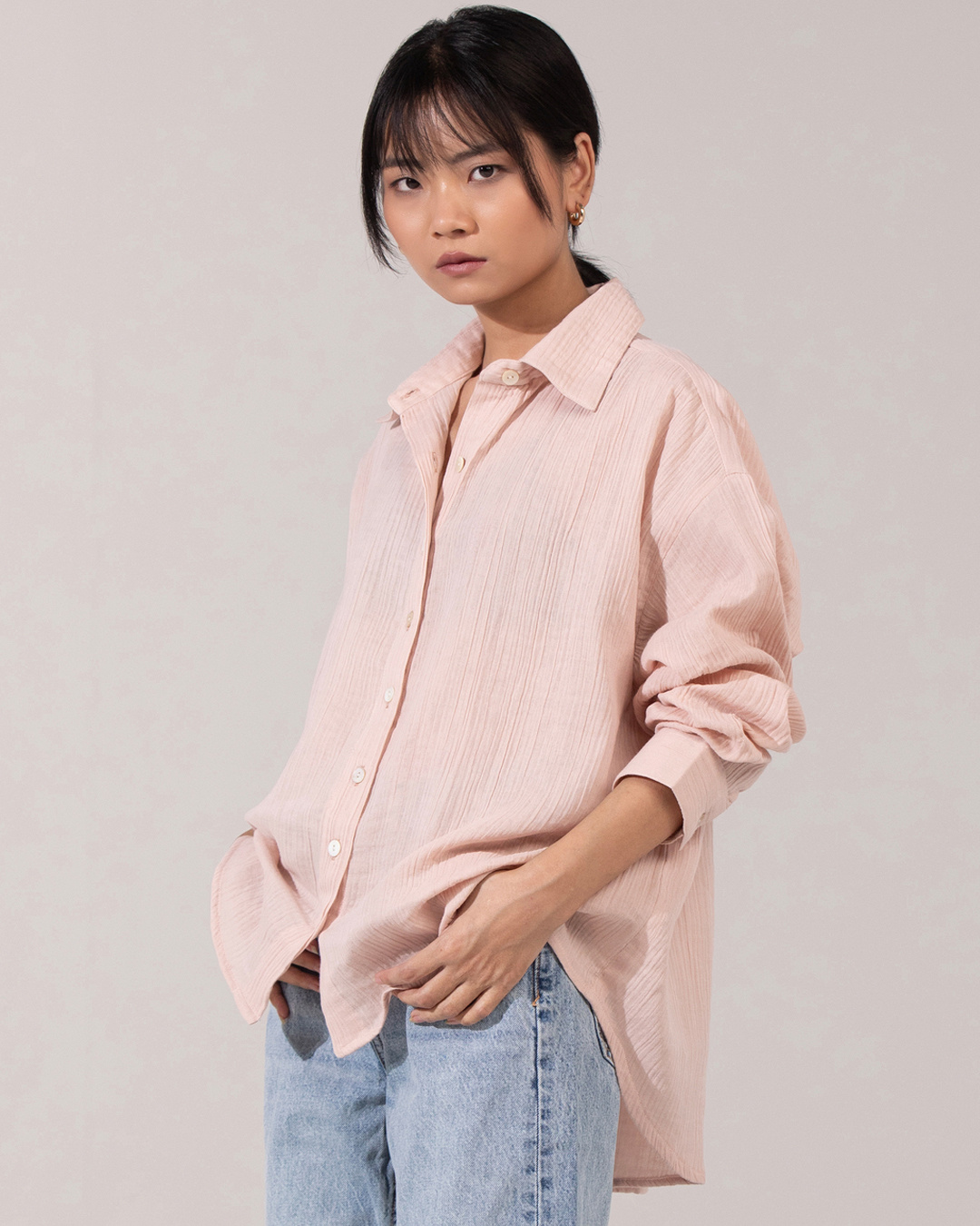 Shop Women's Beige Textured Oversized Shirt-Back