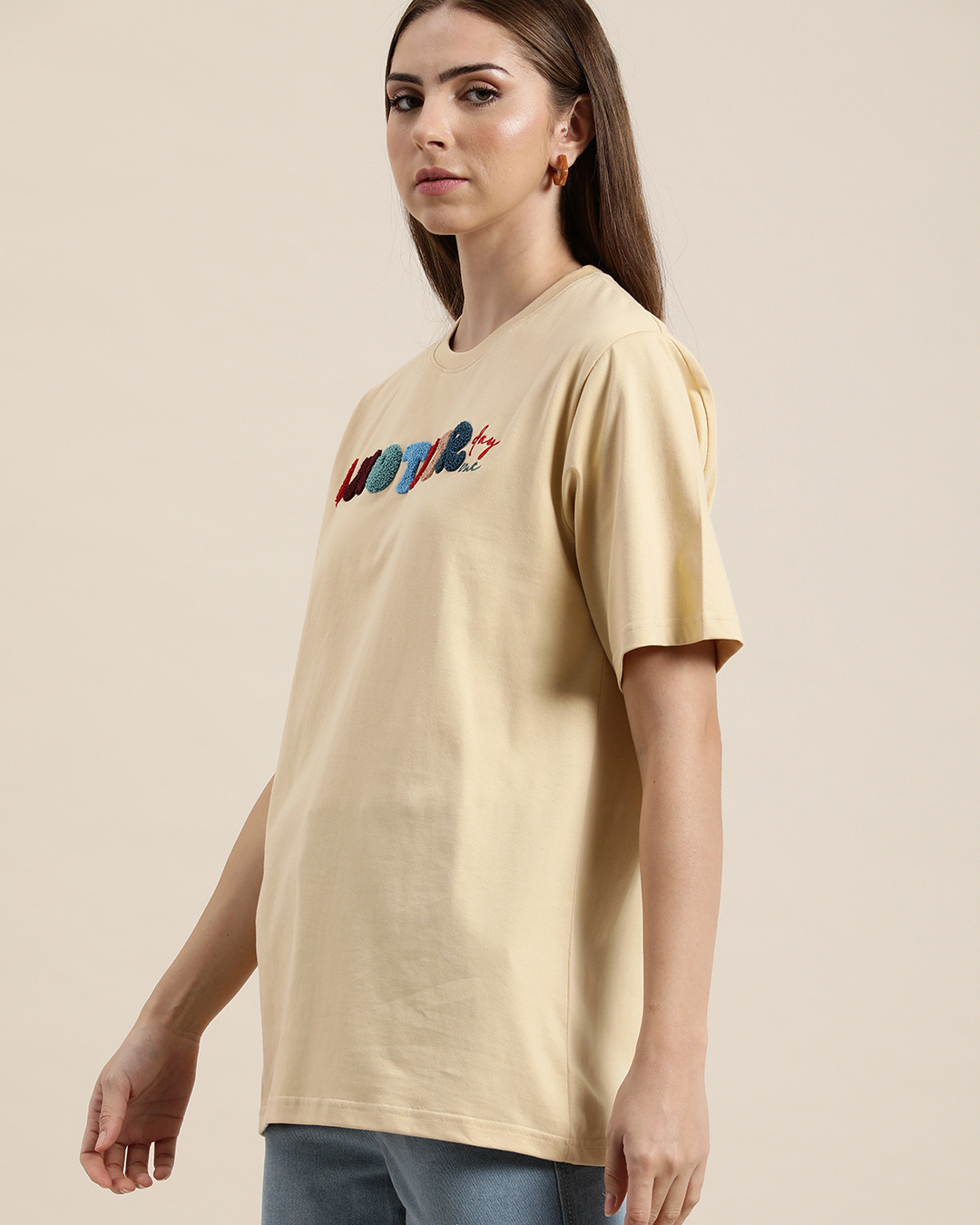 Shop Women's Beige Typographic Oversized T-shirt-Back
