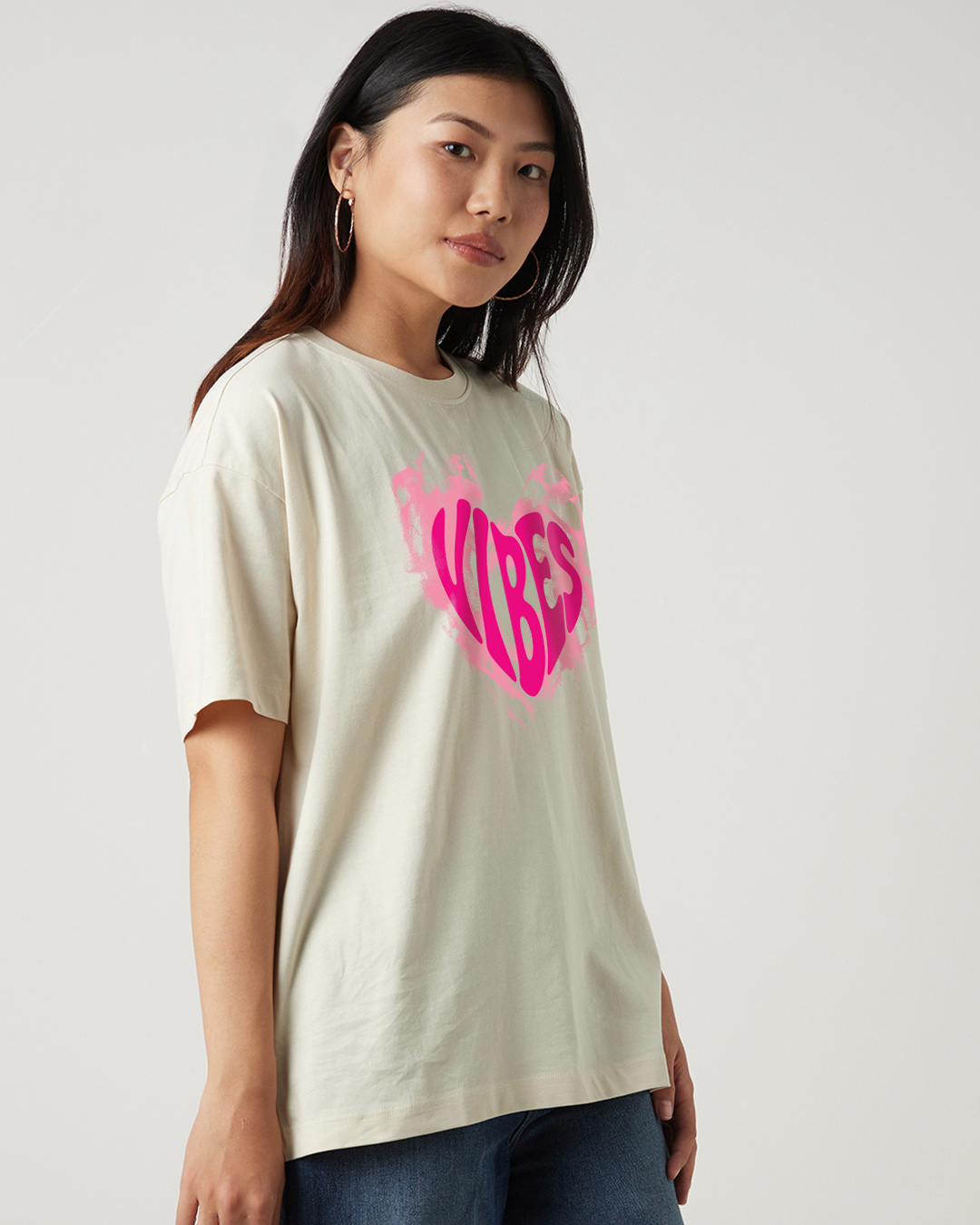 Shop Women's Beige Vibes Typography Oversized T-shirt-Back