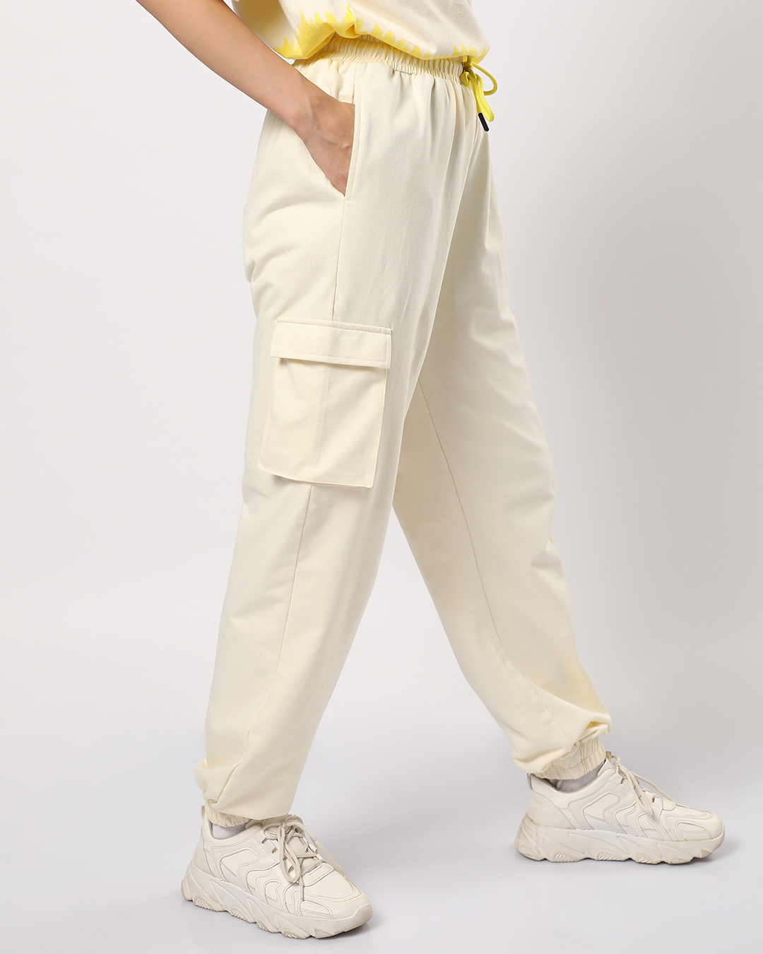 Shop Women's Birthday Yellow & White Color Block Relaxed Fit Cargo Joggers-Back