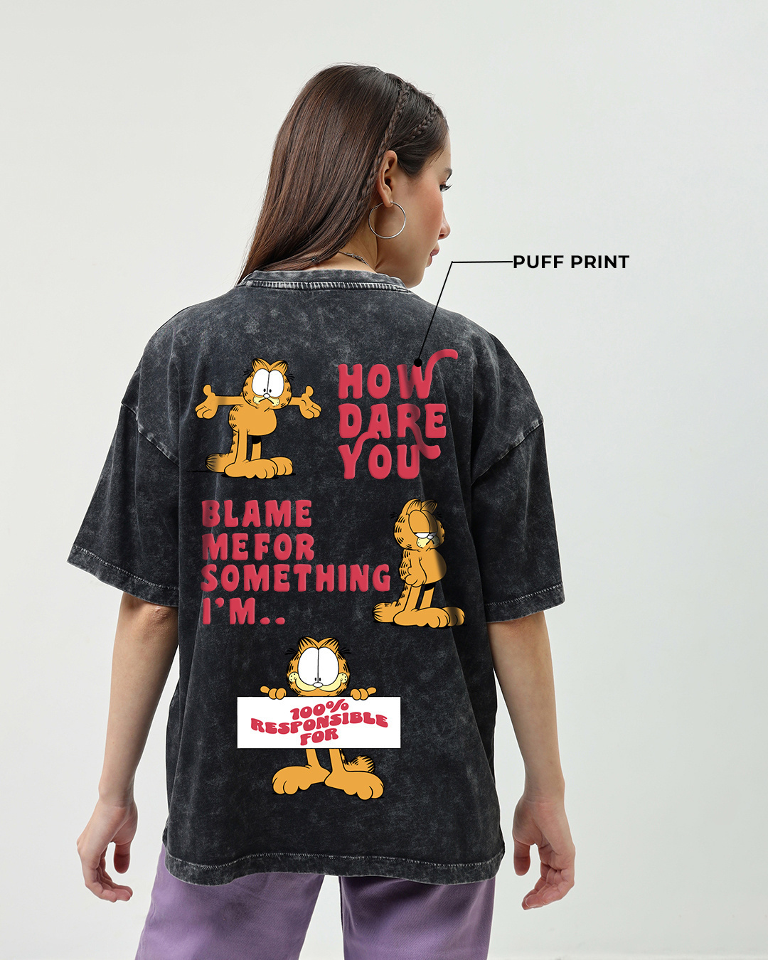 Shop Women's Black 100% Responsible Graphic Printed Oversized Acid Wash T-shirt-Back